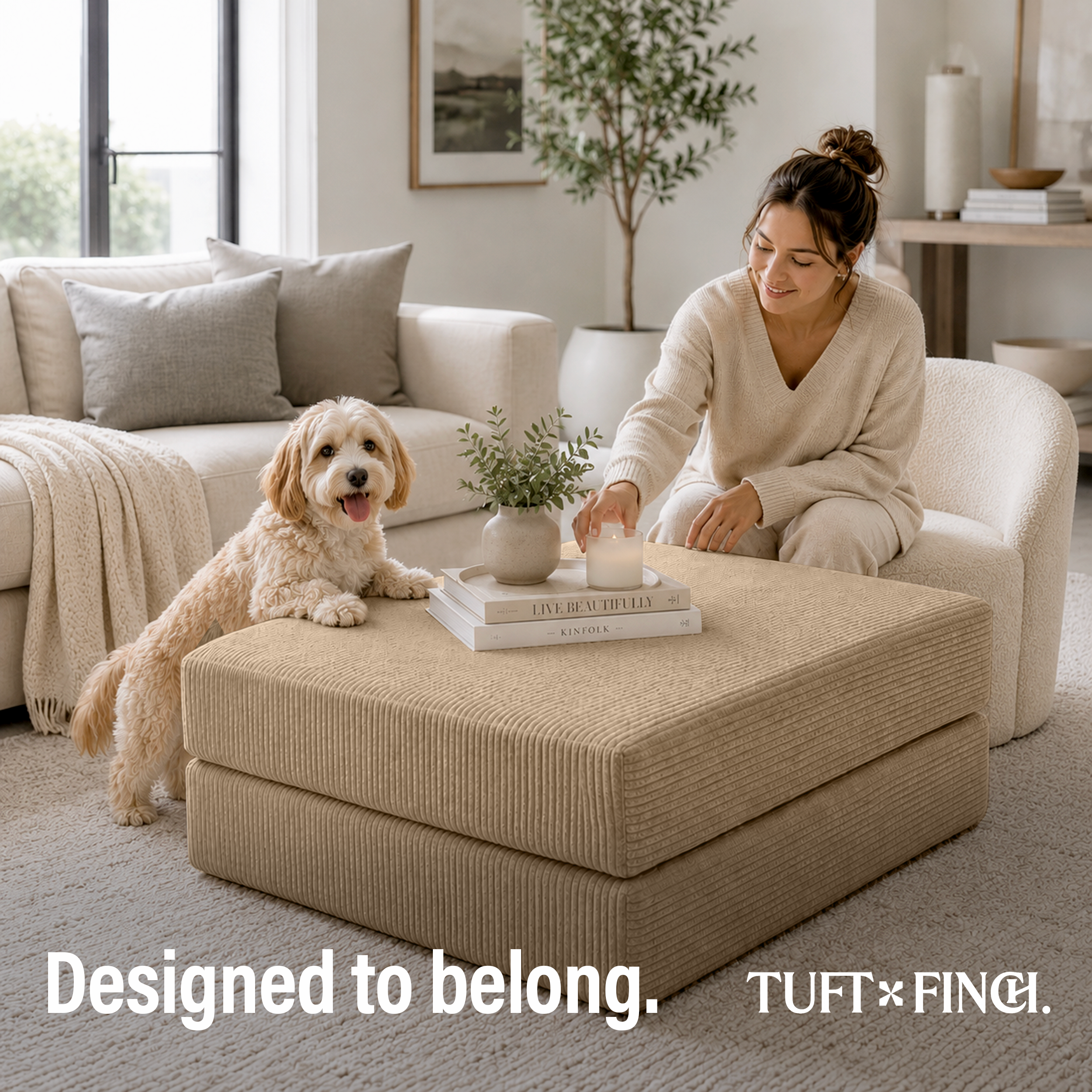 Woman in white chair picking up cup off of cream ottoman with dog on back legs resting fronting legs on ottoman.