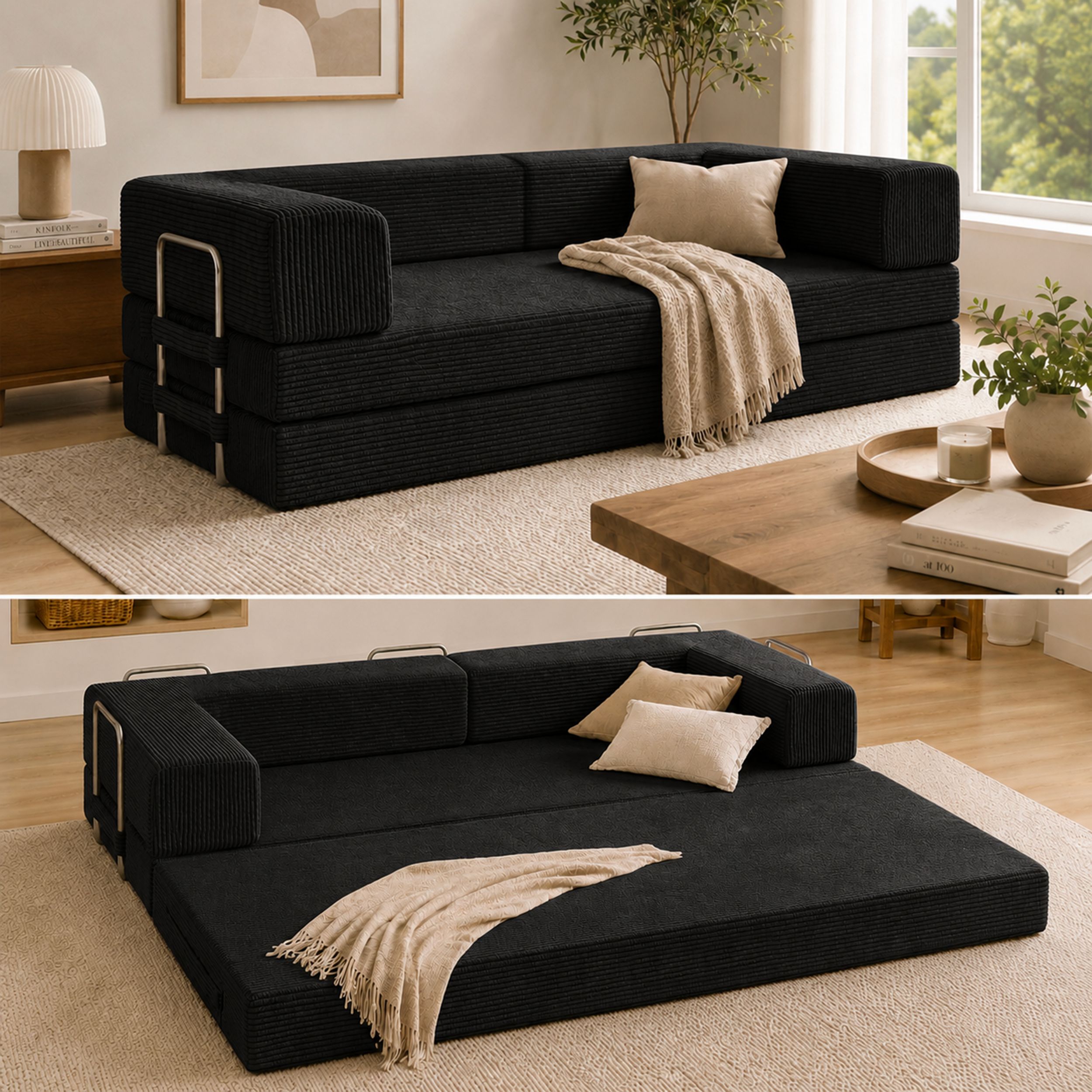 Split photo of black boneless couch in couch form and in expanded form.