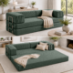 Split photo of green boneless couch in couch form and in expanded form.