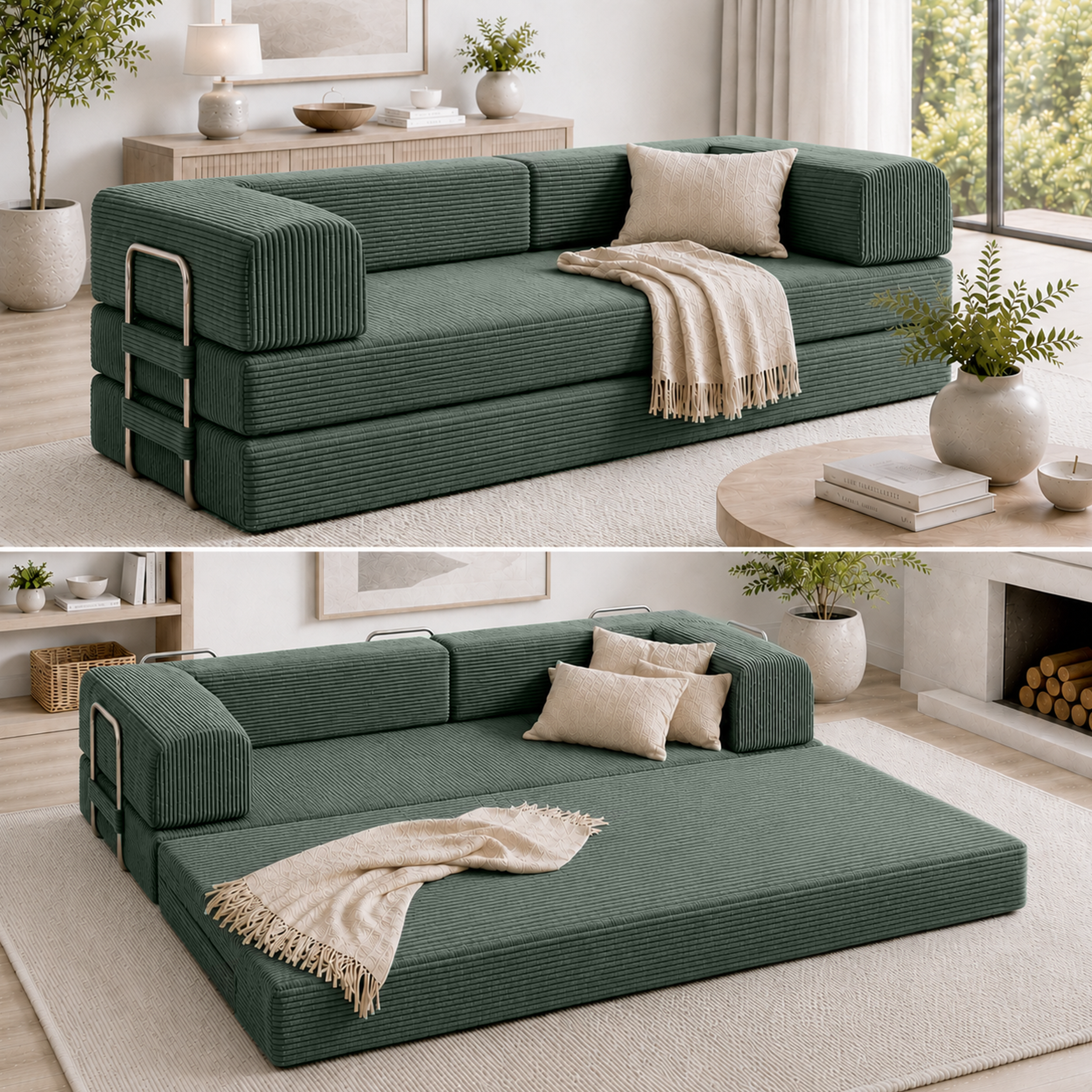 Split photo of green boneless couch in couch form and in expanded form.
