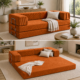 Split photo of orange boneless couch in couch form and in expanded form.