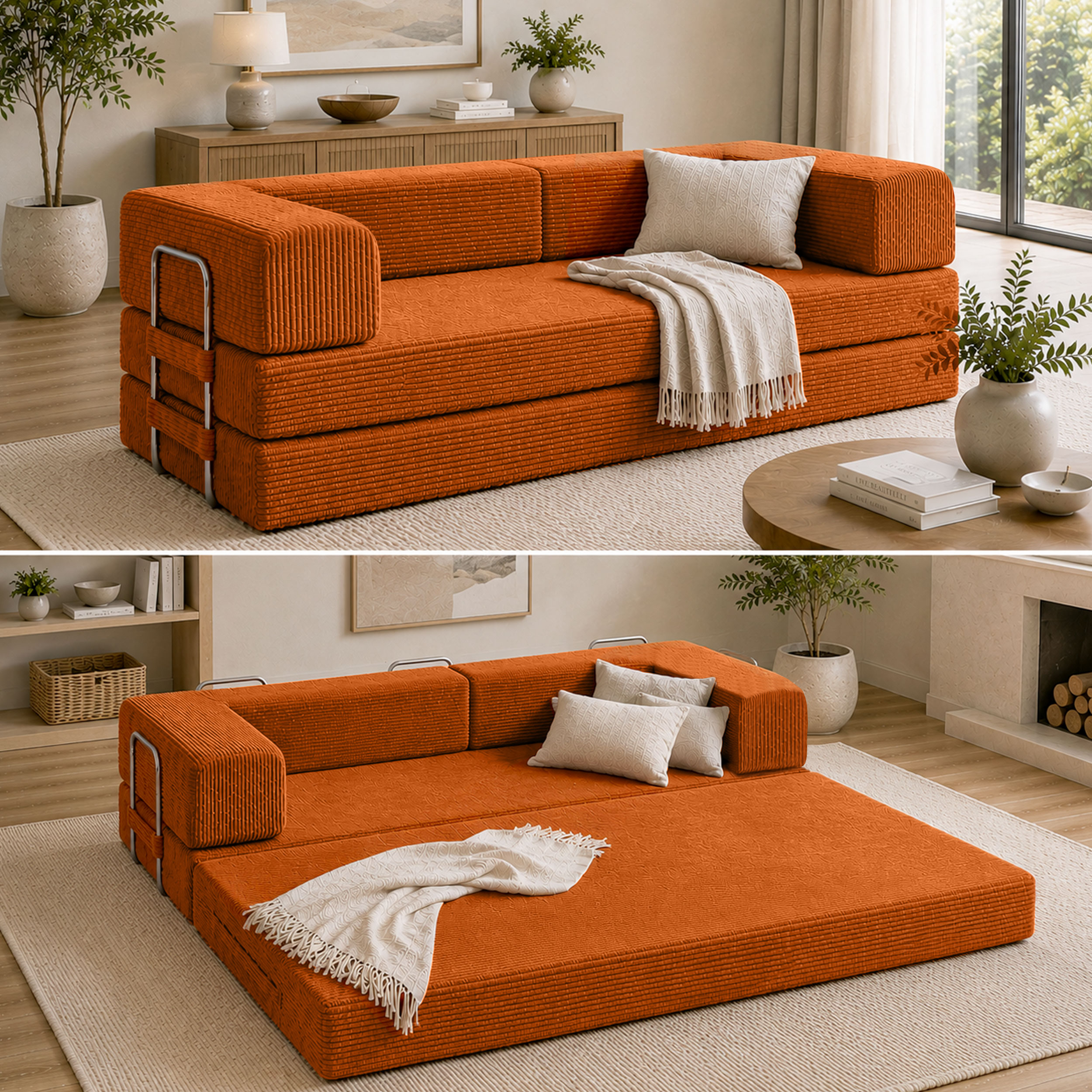 Split photo of orange boneless couch in couch form and in expanded form.