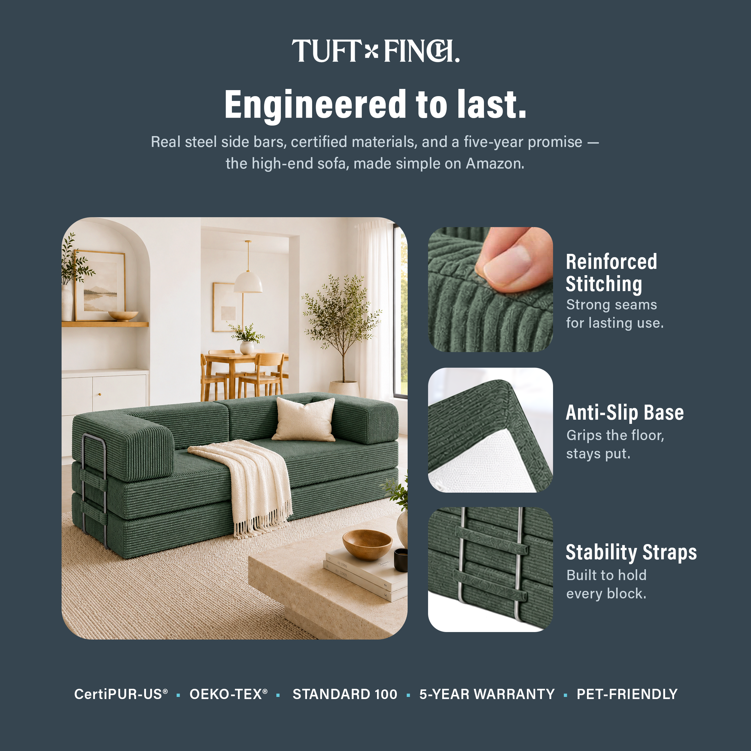 Image shows that boneless couch is engineered to last.