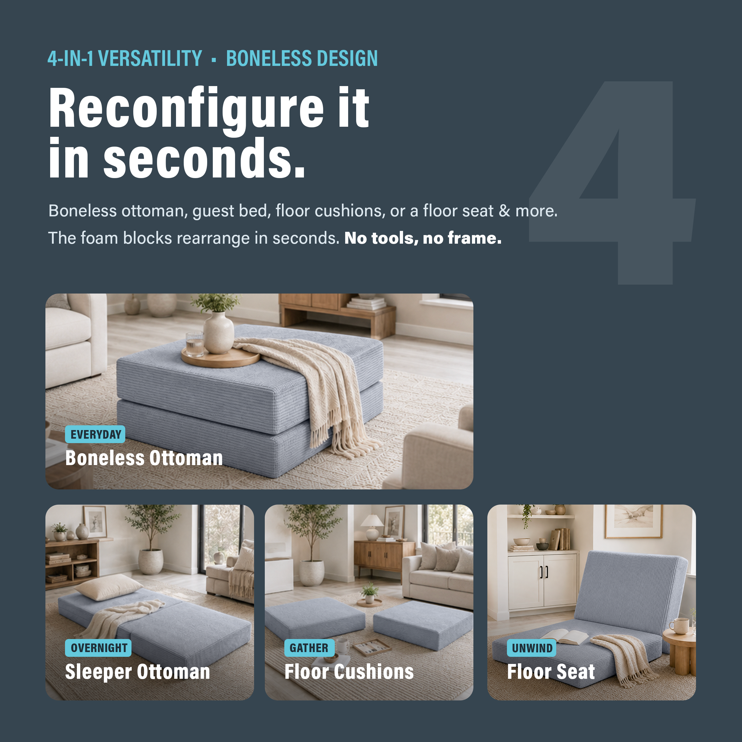 Photo showing that boneless gray ottoman can be reconfigured in seconds with different configurations.
