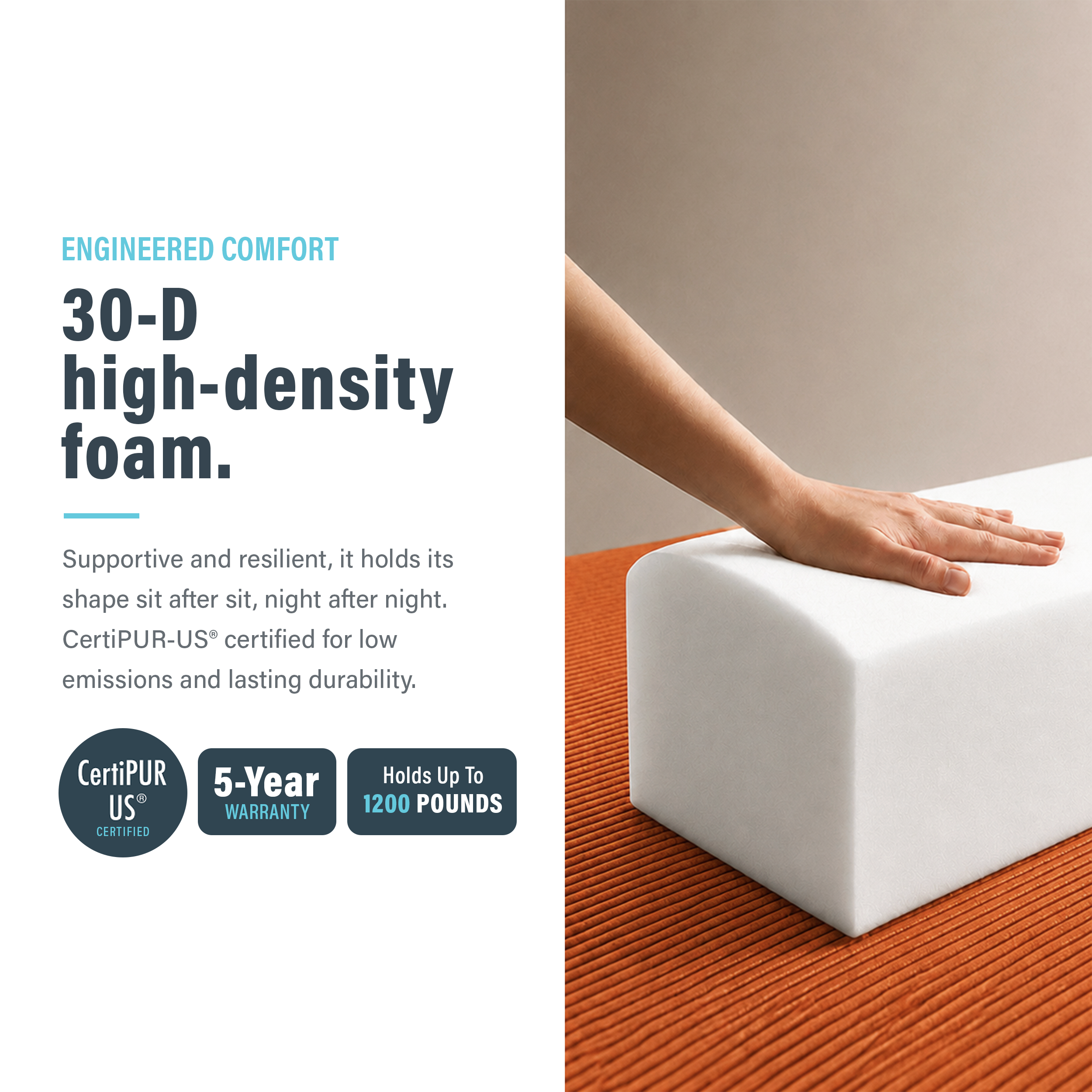 Image showing that the foam is high-density inside modular boneless orange couch.