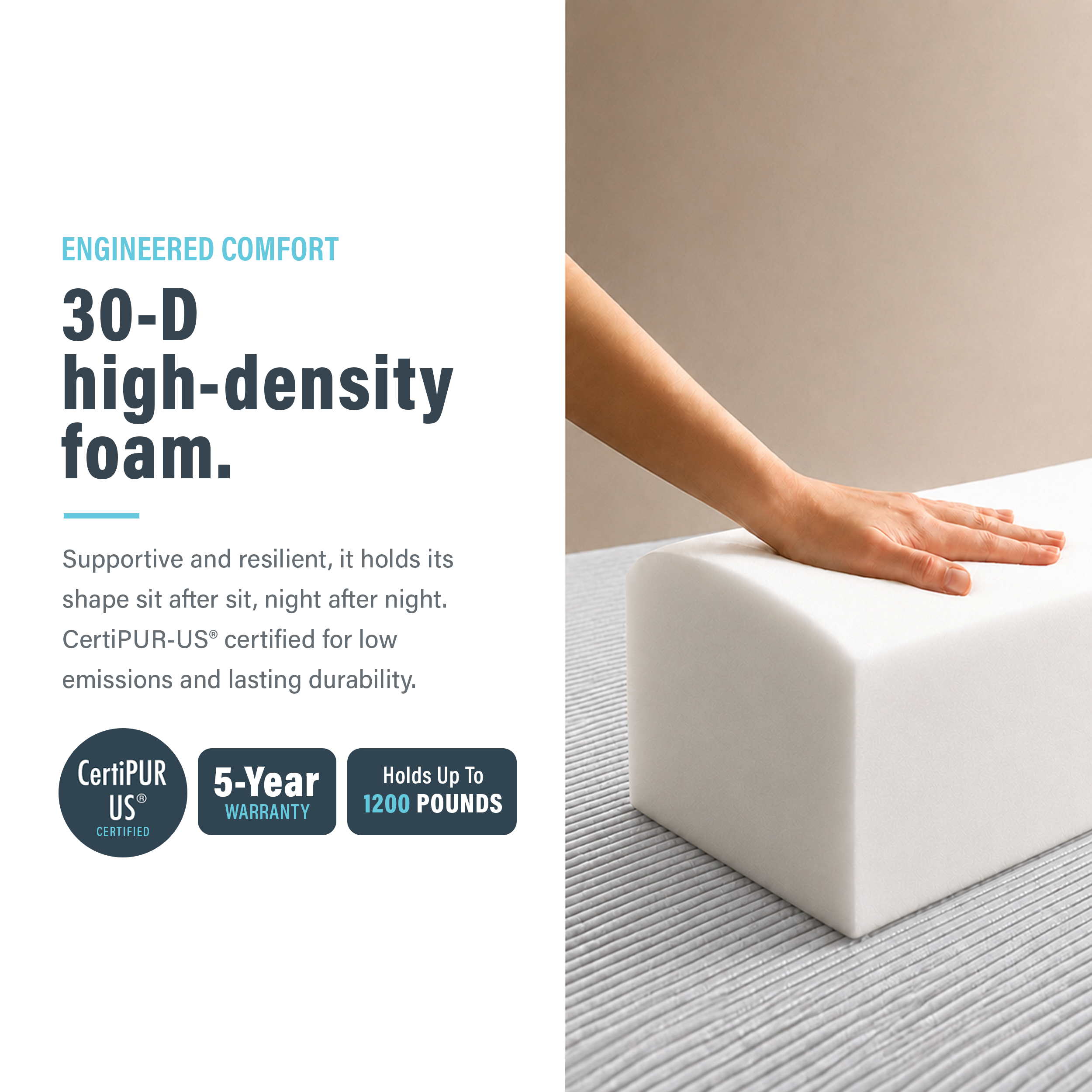 Image showing that the foam is high-density inside modular boneless gray couch.