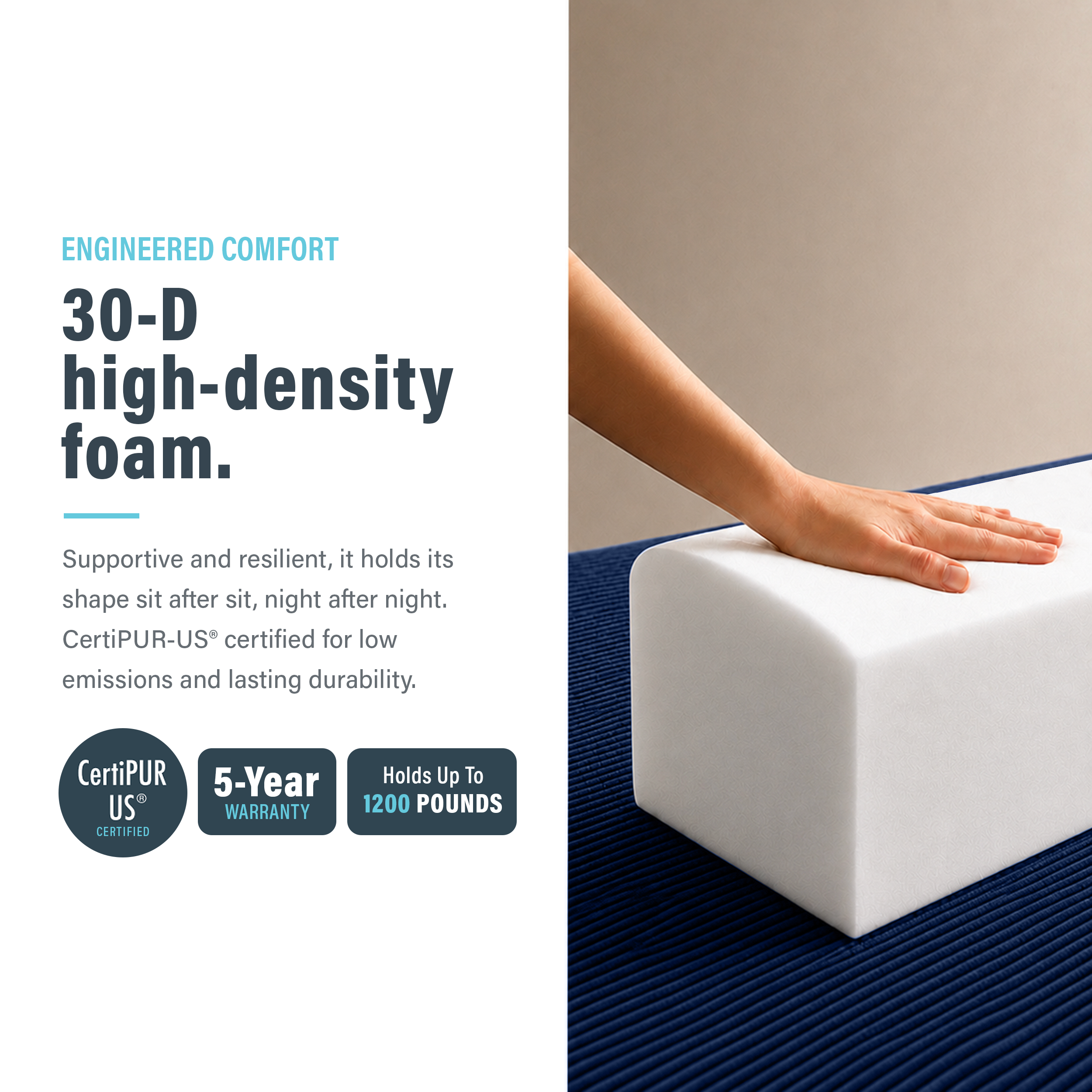 Image showing that the foam is high-density inside modular boneless navy blue couch.