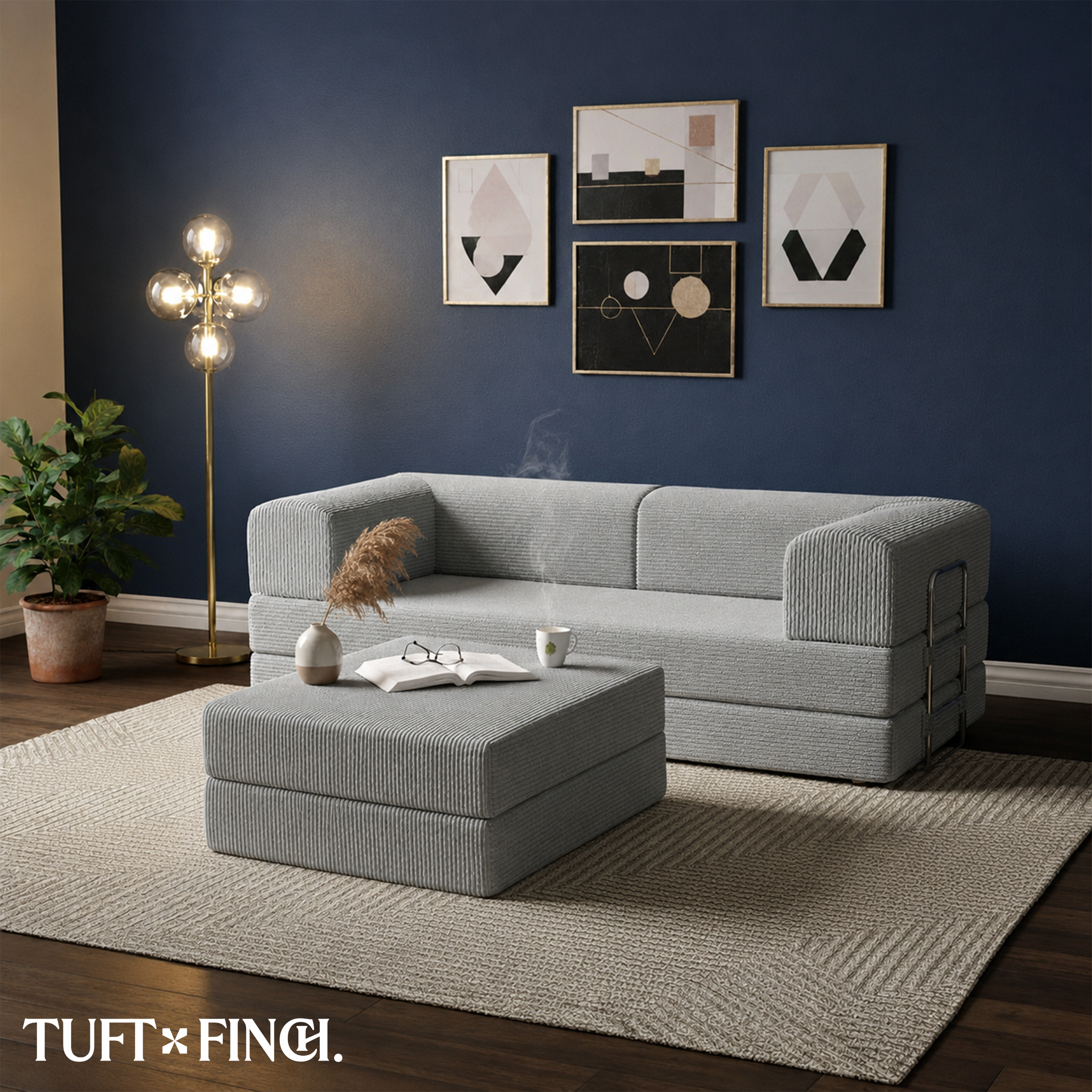 Gray boneless modular couch sitting in living room.