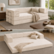 Split photo of cream boneless couch in couch form and in expanded form.