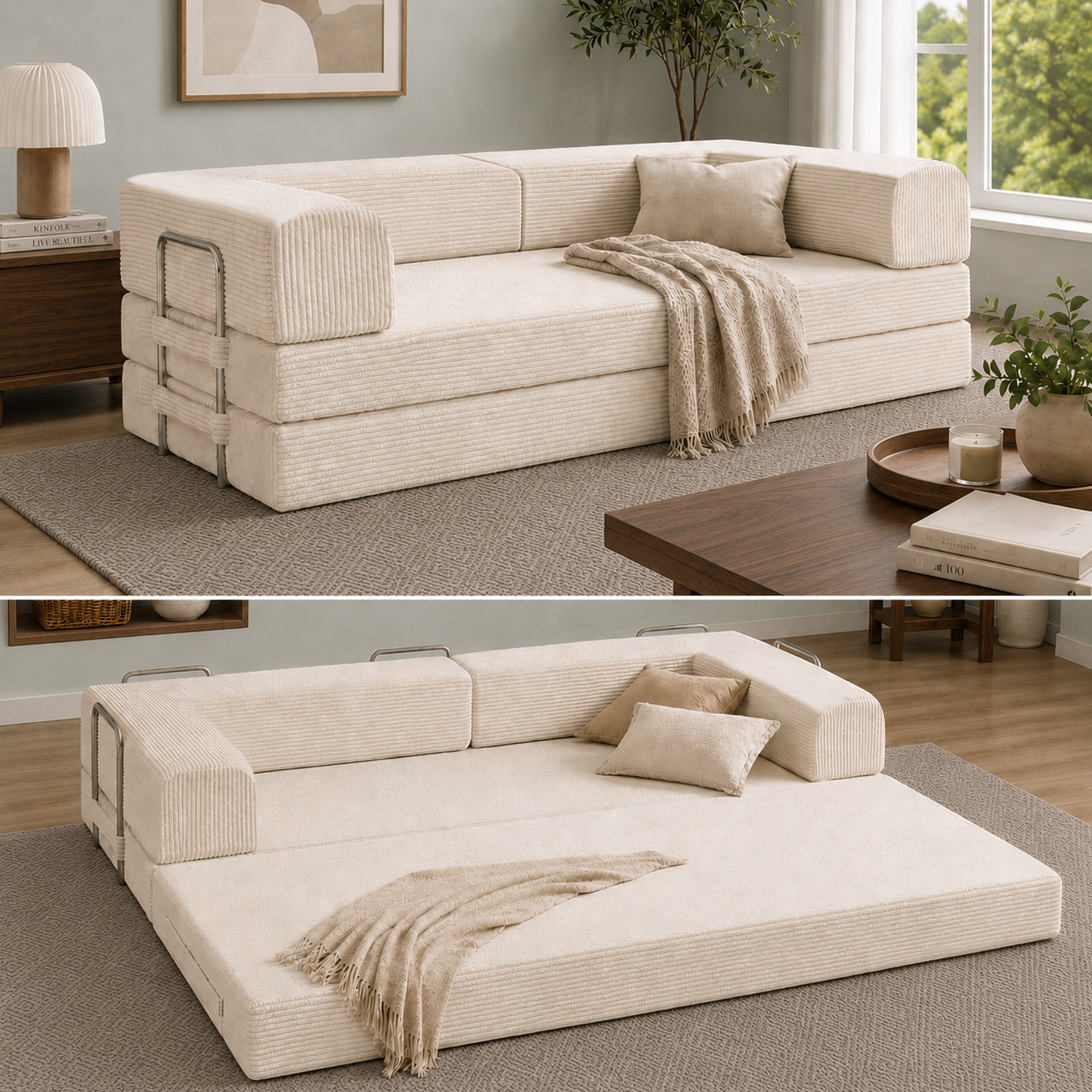 Split photo of cream boneless couch in couch form and in expanded form.