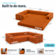 Image showing dimensions of orange boneless convertible couch weighing 176lbs.
