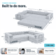 Image showing dimensions of gray boneless convertible couch weighing 176lbs.