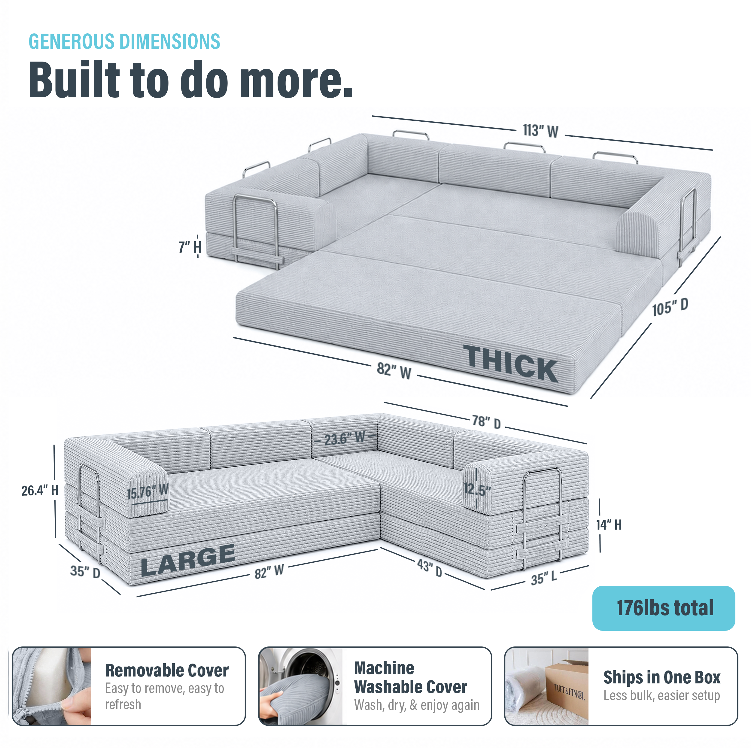 Image showing dimensions of gray boneless convertible couch weighing 176lbs.