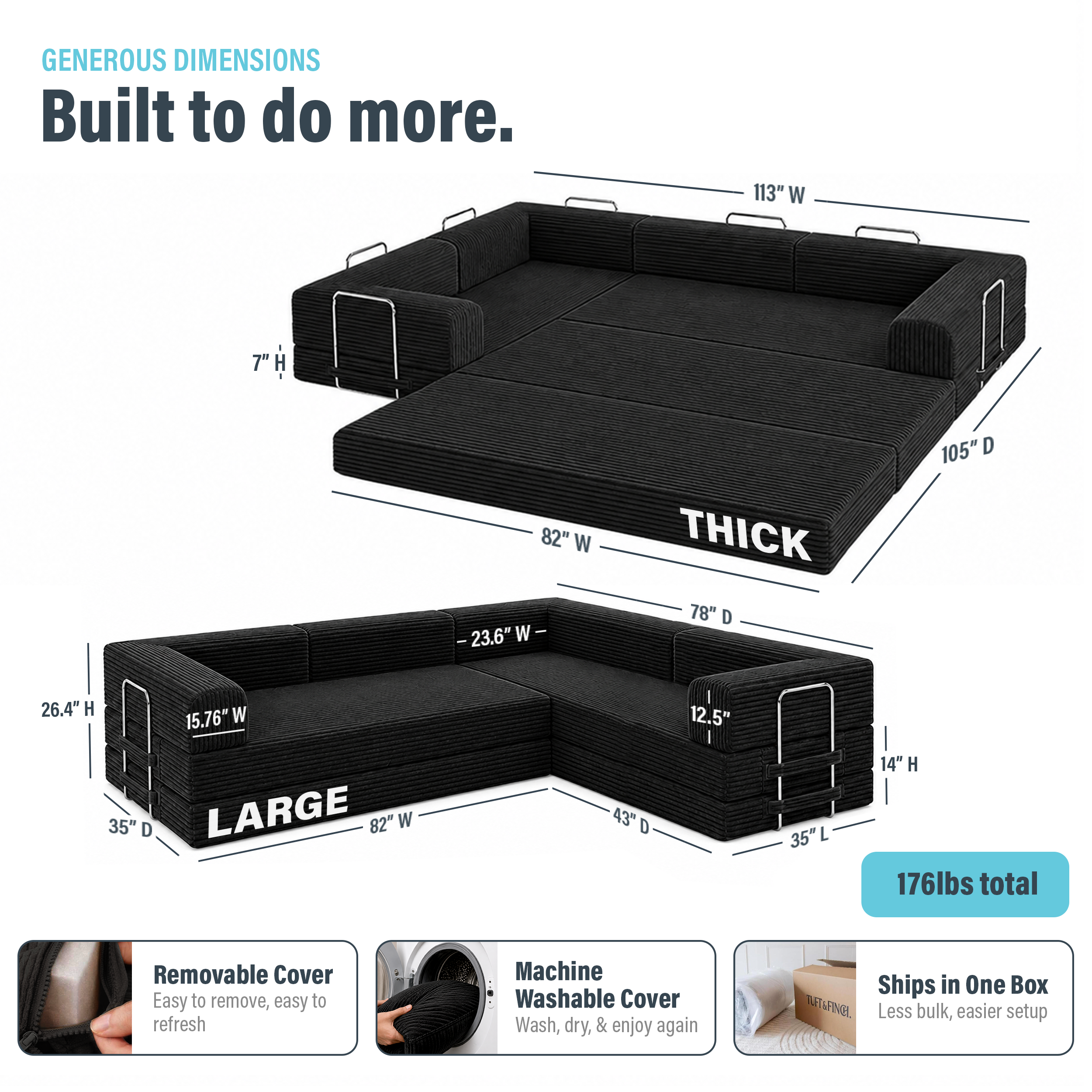 Image showing dimensions of black boneless convertible couch weighing 176lbs.