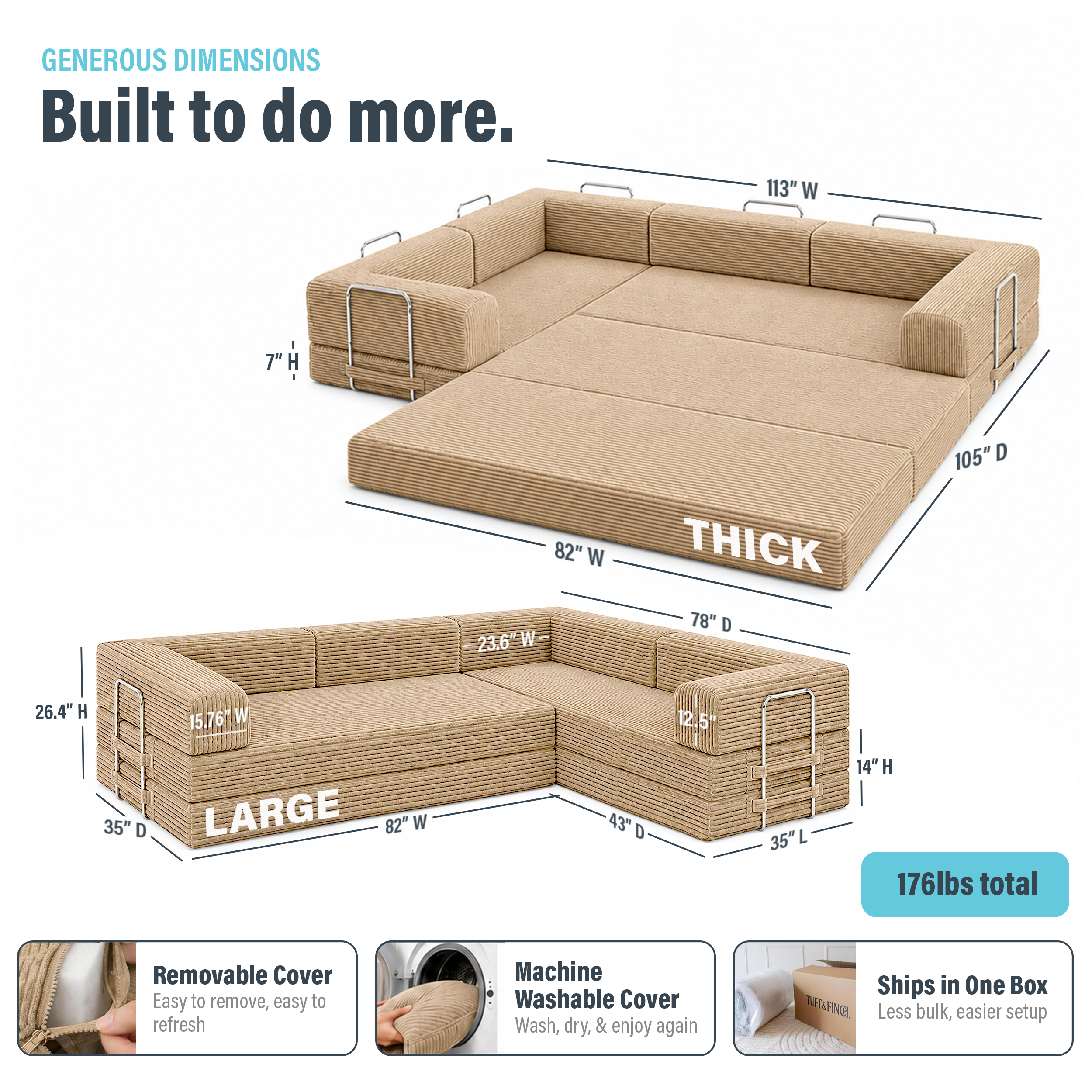 Image showing dimensions of latte brown boneless convertible couch weighing 176lbs.