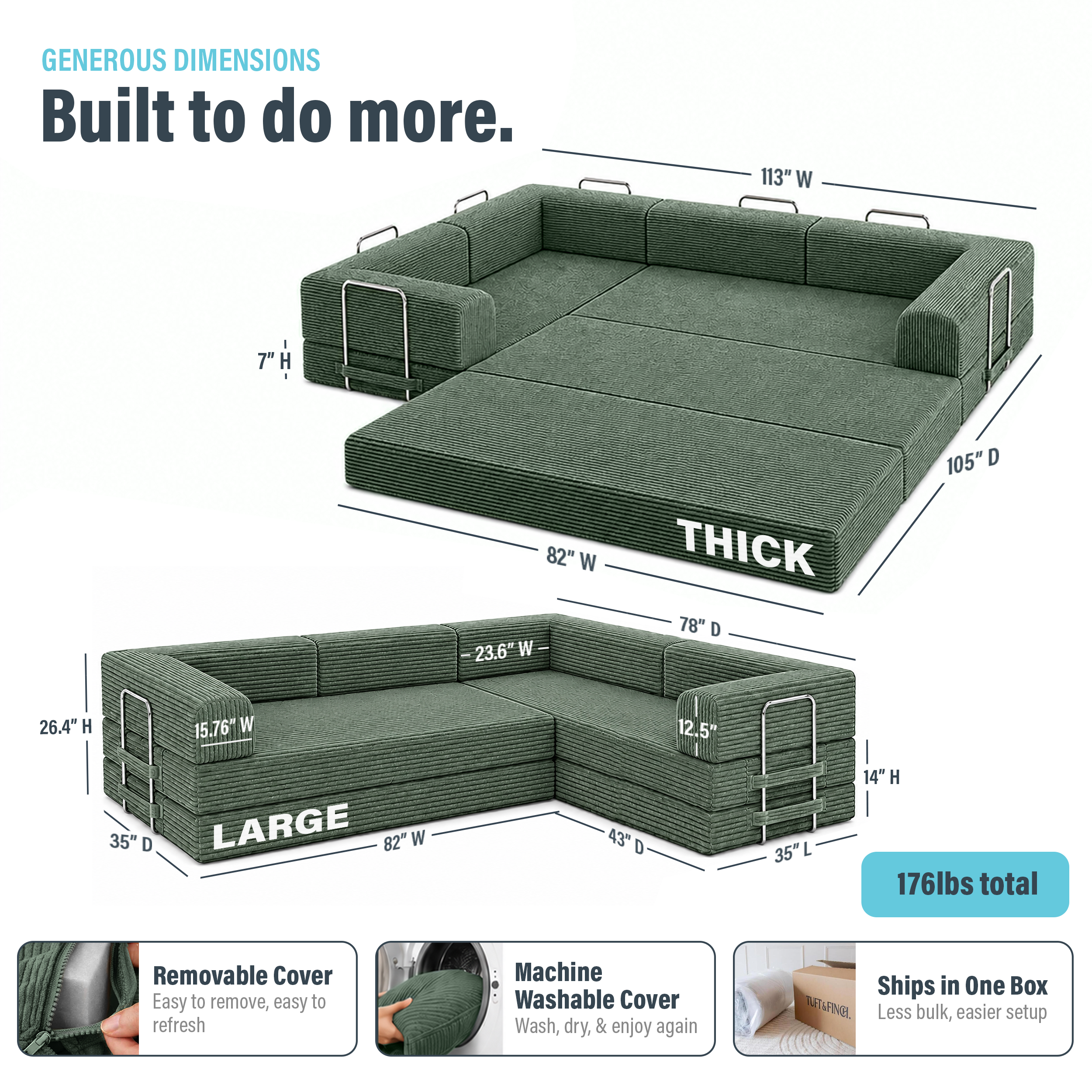 Image showing dimensions of green boneless convertible couch weighing 176lbs.