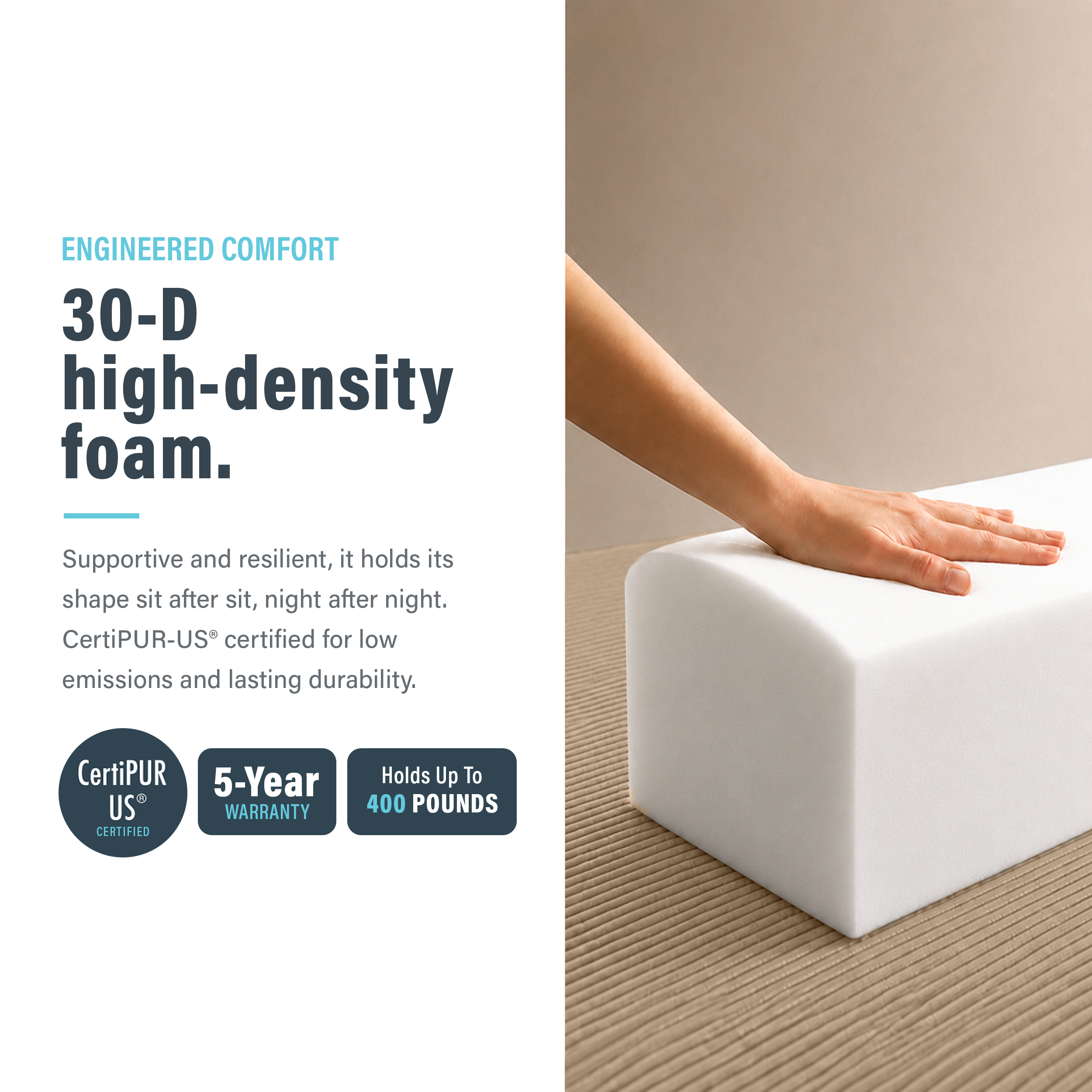 Image showing that the foam is high-density inside modular boneless cream ottoman.
