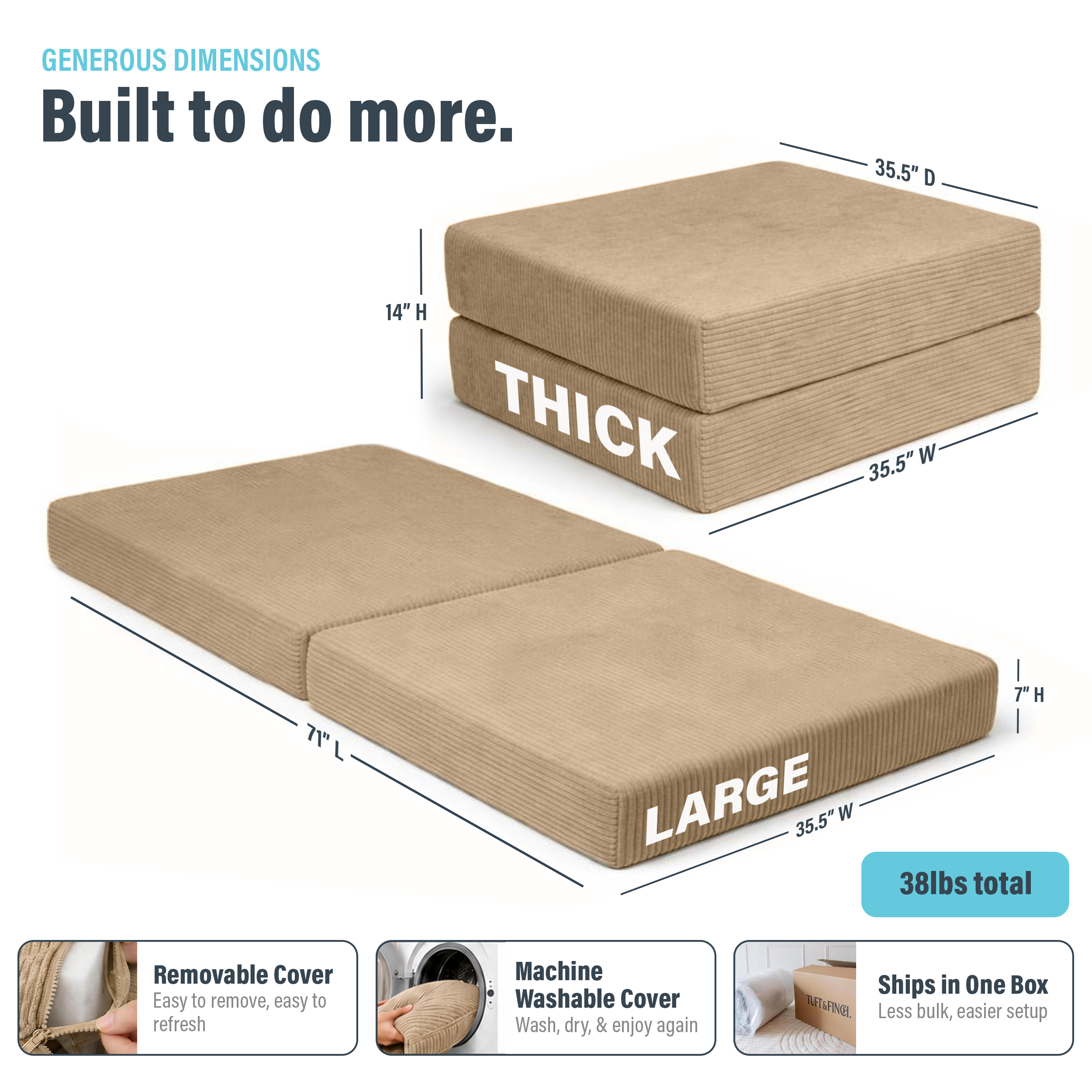 Image showing dimensions of cream boneless ottoman and that cover is machine washable. Dimensions are 35.5" x 14" x 35.5" and is 38lbs total.