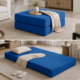 Split photo of blue ottoman in ottoman form and then bed form.