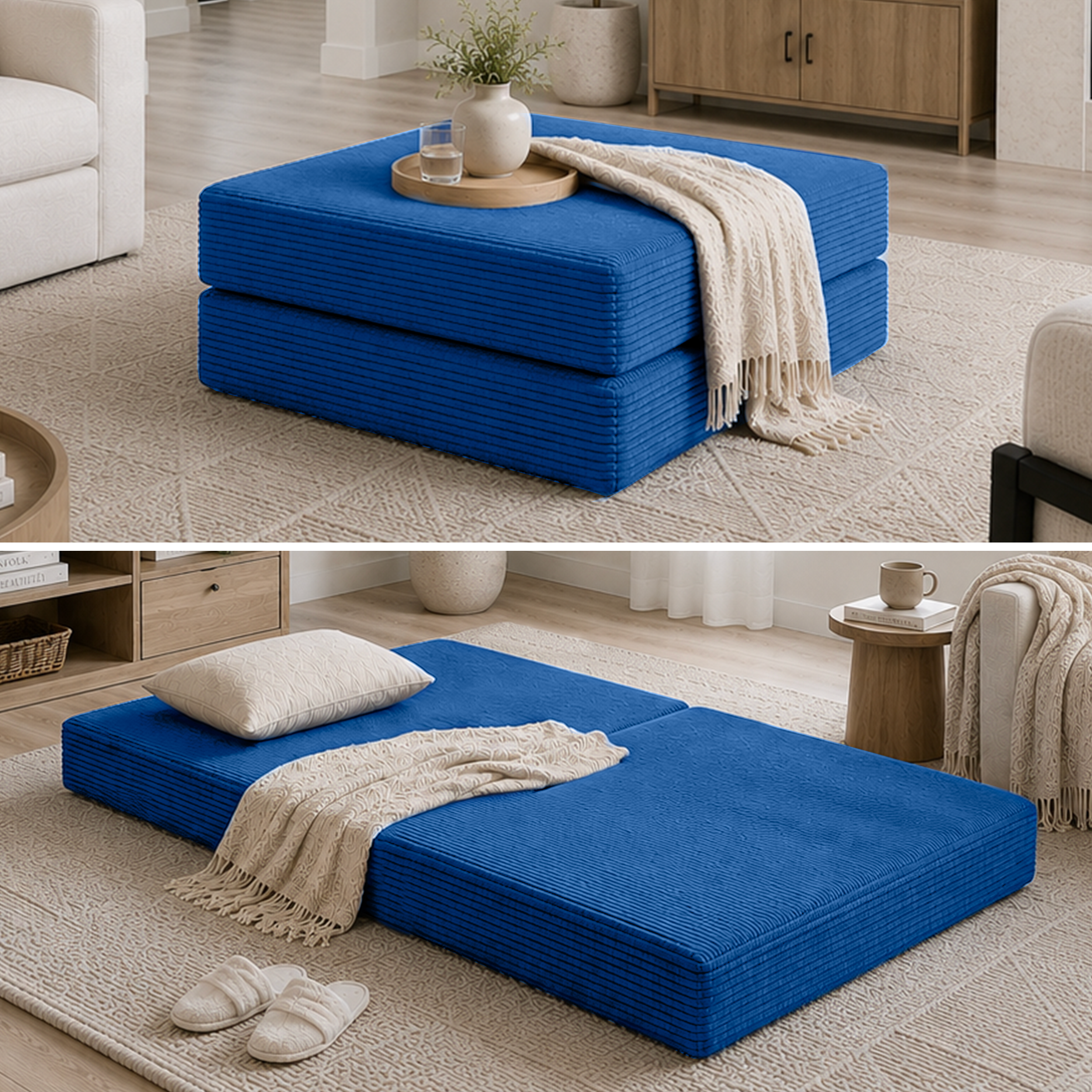 Split photo of blue ottoman in ottoman form and then bed form.
