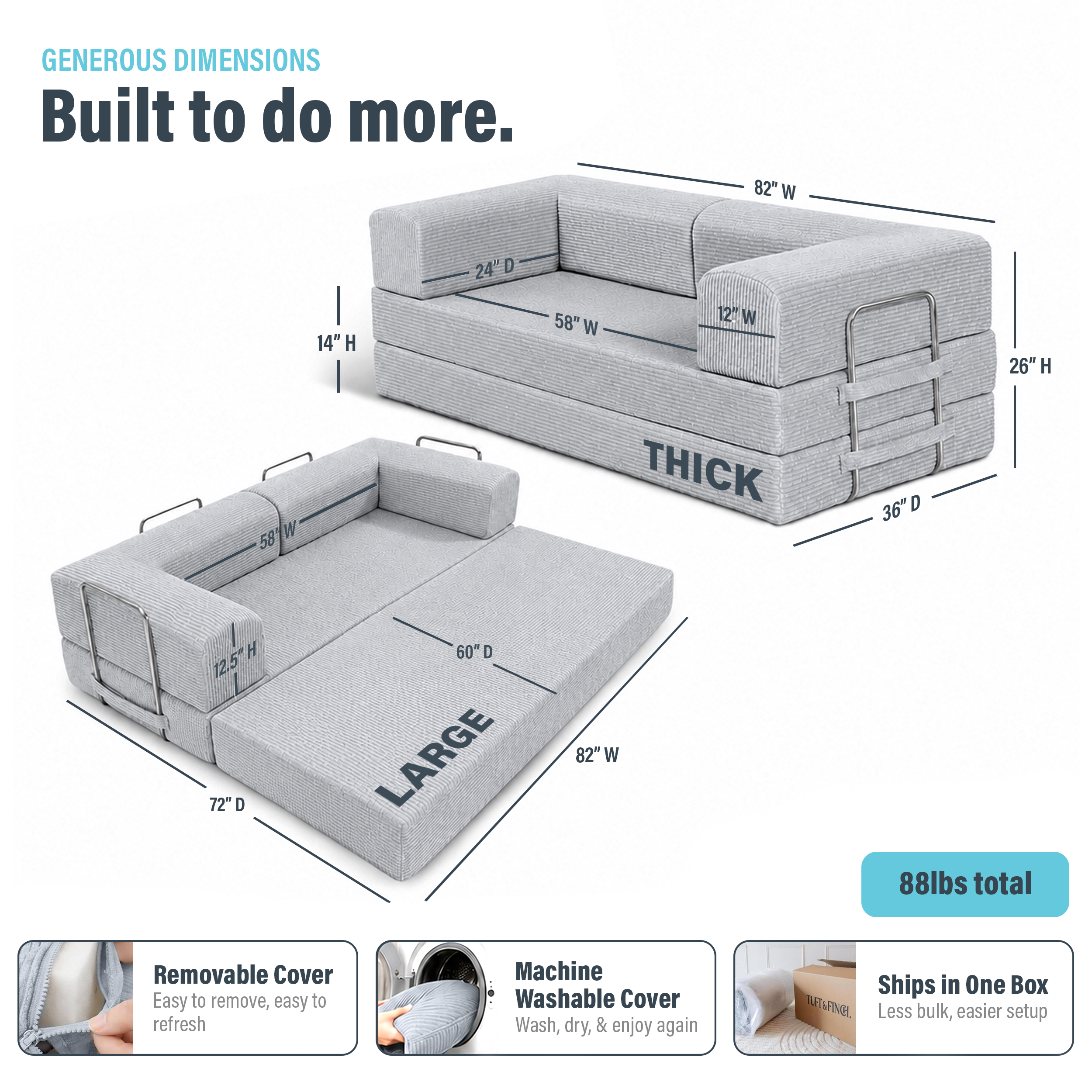 Image showing dimensions of gray boneless couch and that cover is machine washable. Dimensions are 82" x 72" x 12.5" in one formation and 82" x 36" x 26" in couch formation and is 88lbs total.