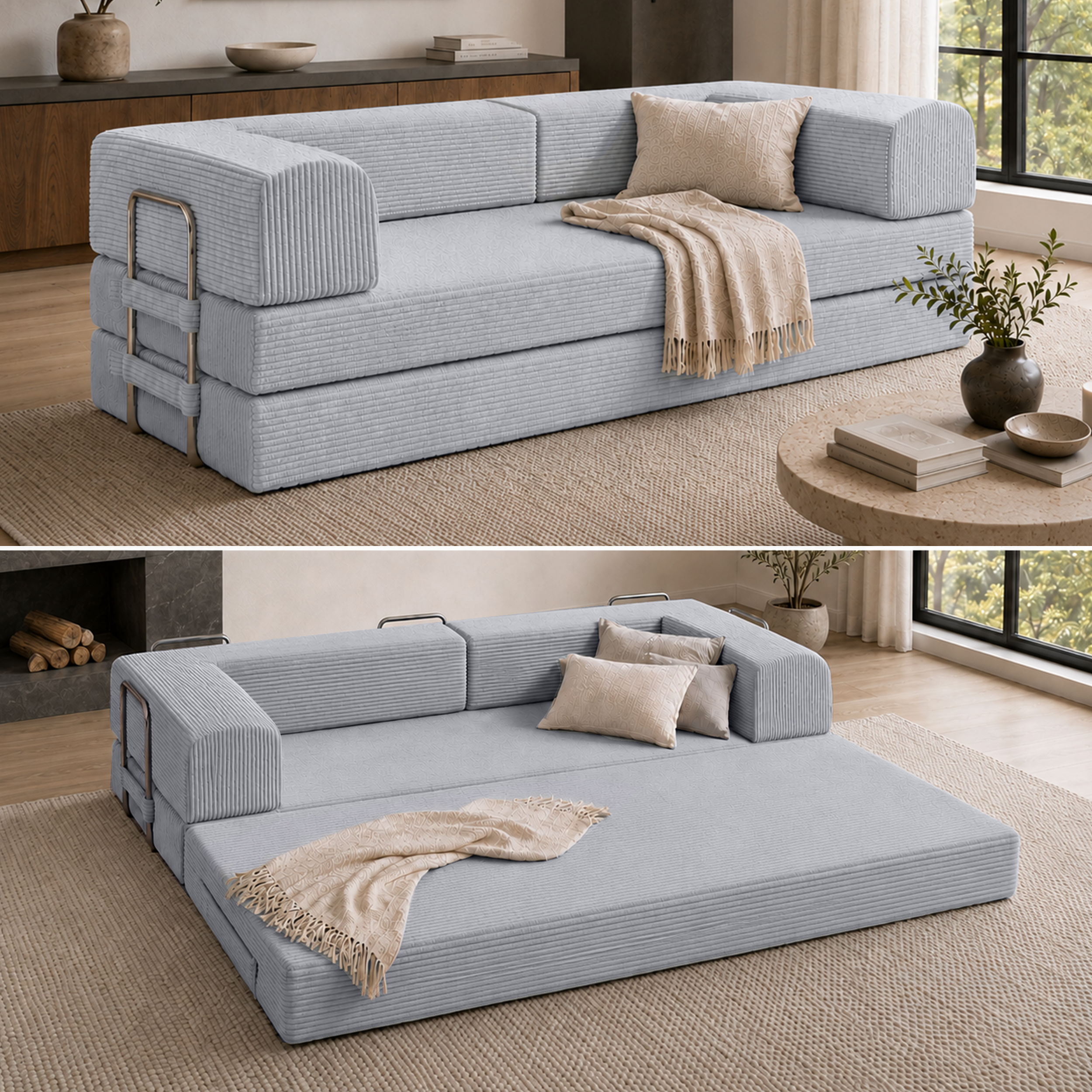 Split photo of gray boneless couch in couch form and in expanded form.