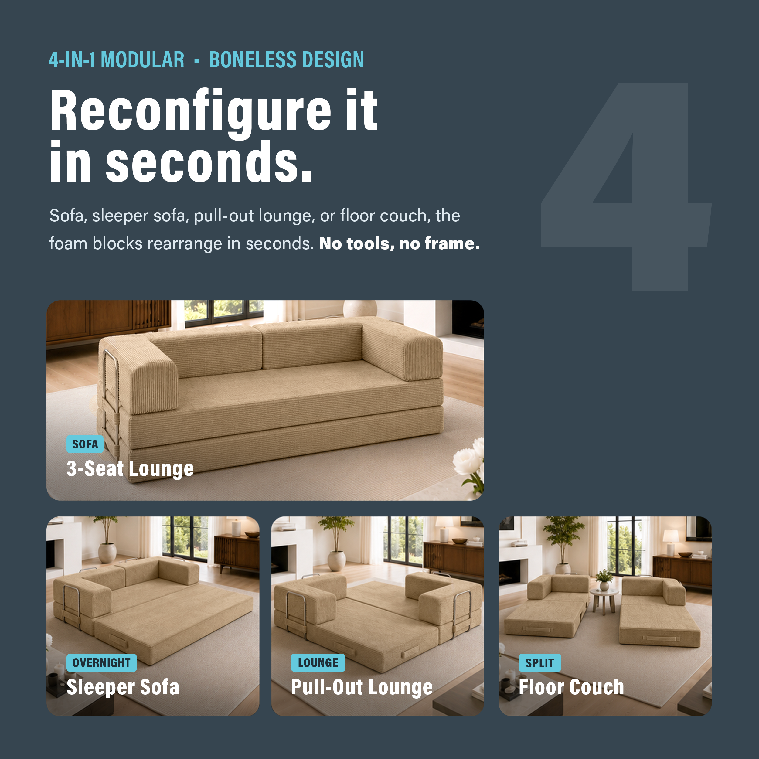 Photo showing that boneless latte brown couch can be reconfigured in seconds with four configurations.