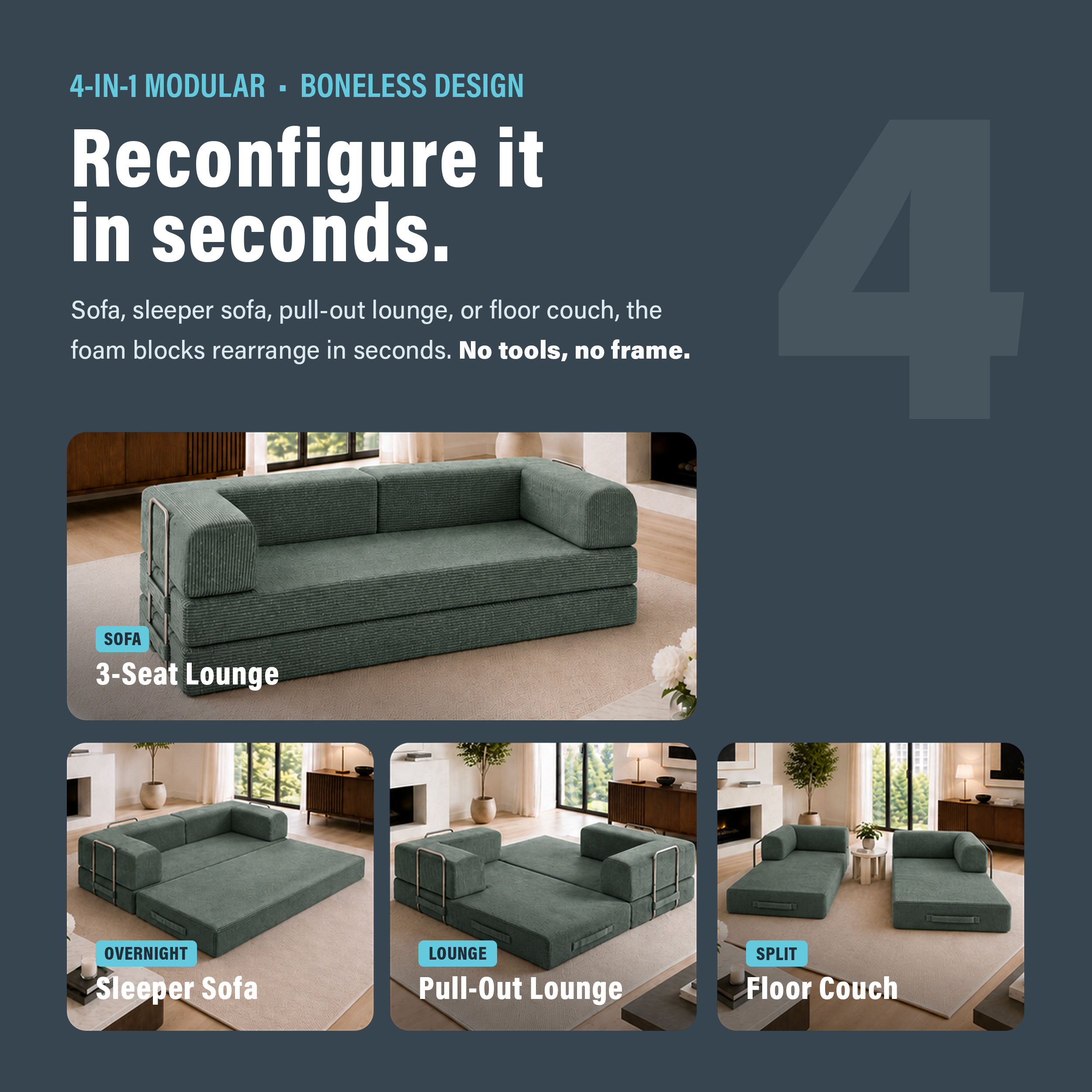 Photo showing that boneless green couch can be reconfigured in seconds with four different configurations.