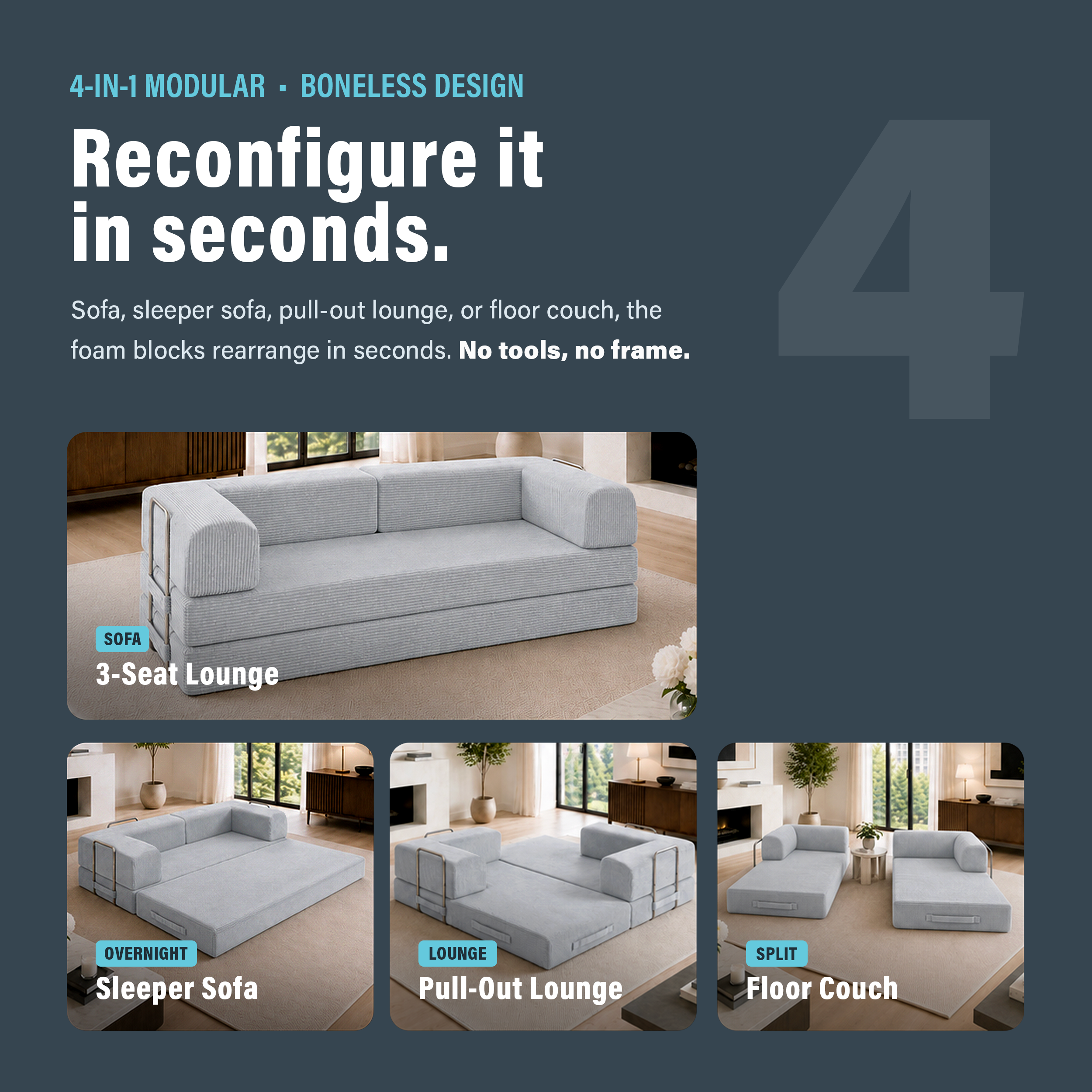 Photo showing that boneless gray couch can be reconfigured in seconds with four configurations