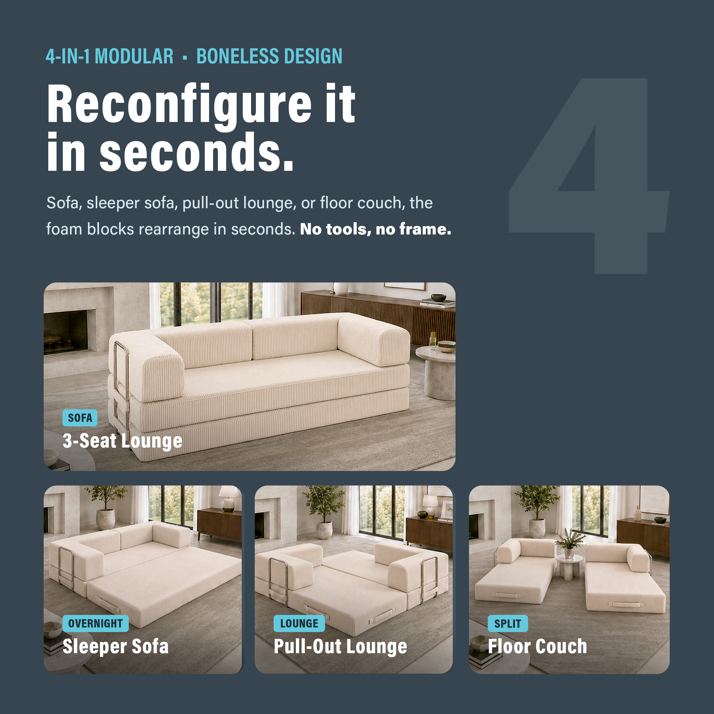 Photo showing that boneless cream couch can be reconfigured in seconds with four different configurations.