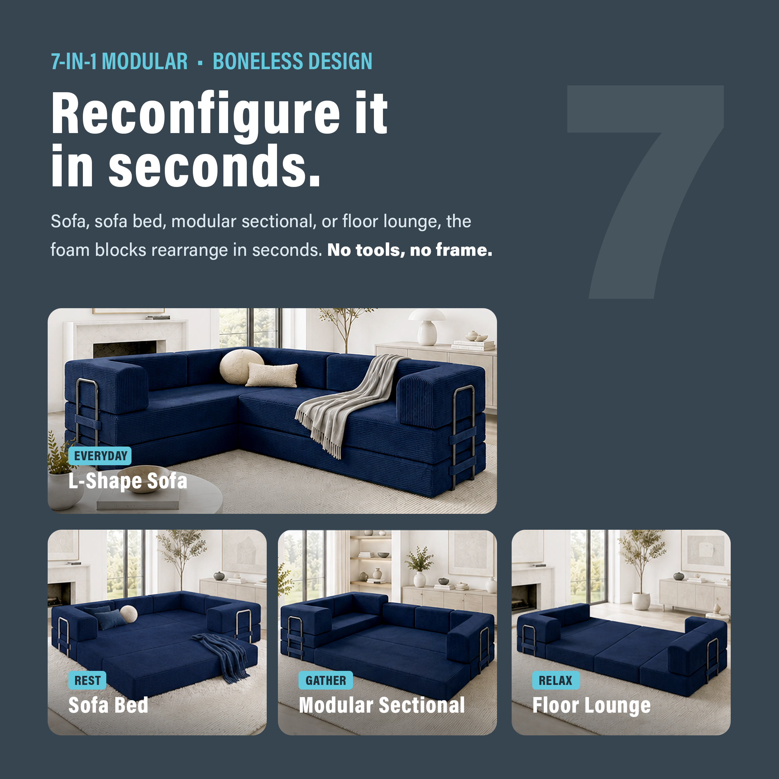 Photo showing that boneless navy blue couch can be reconfigured in seconds with seven different configurations.