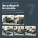 Photo showing that boneless green couch can be reconfigured in seconds with seven different configurations.