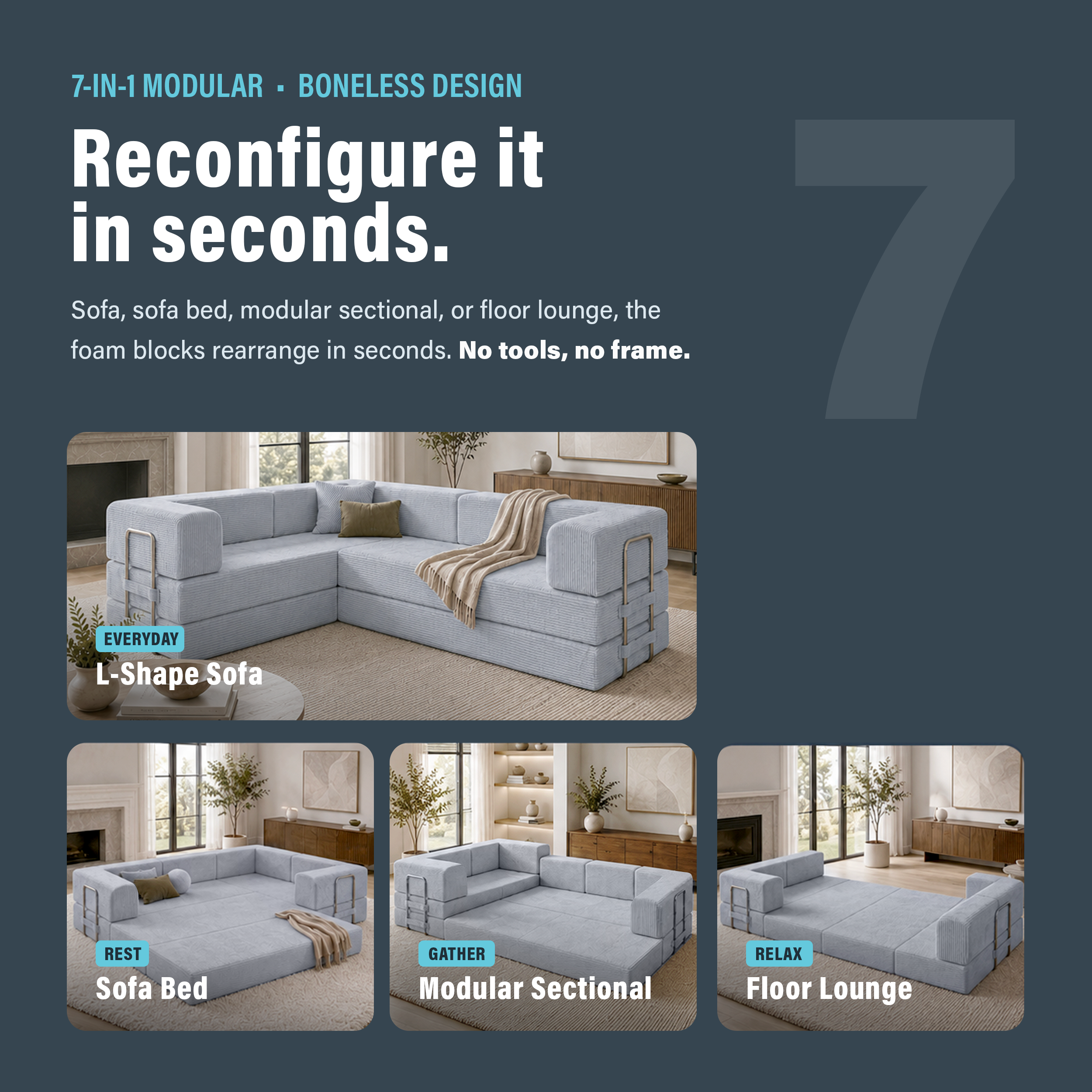 Photo showing that boneless gray couch can be reconfigured in seconds with seven different configurations.