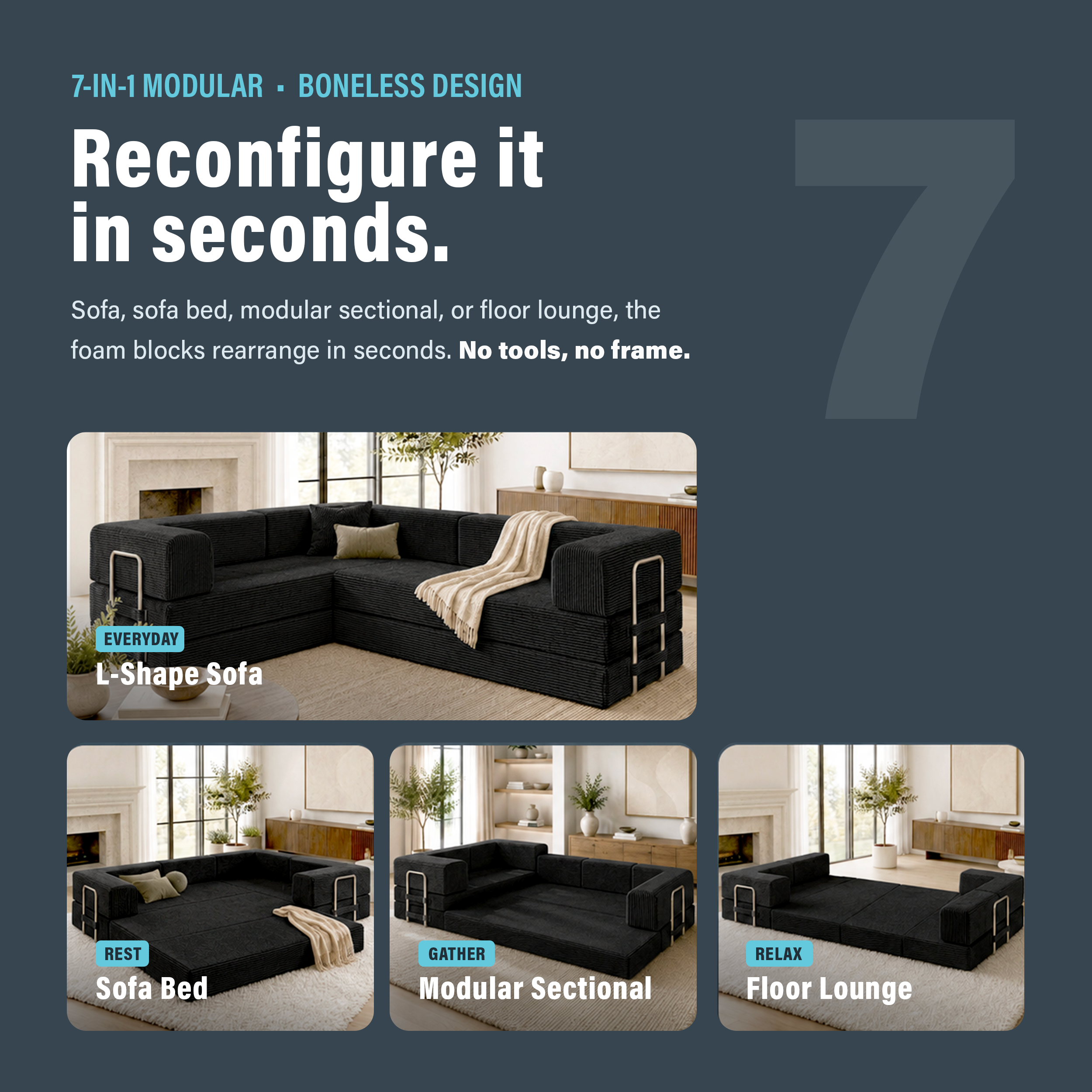 Photo showing that boneless black couch can be reconfigured in seconds with seven different configurations.