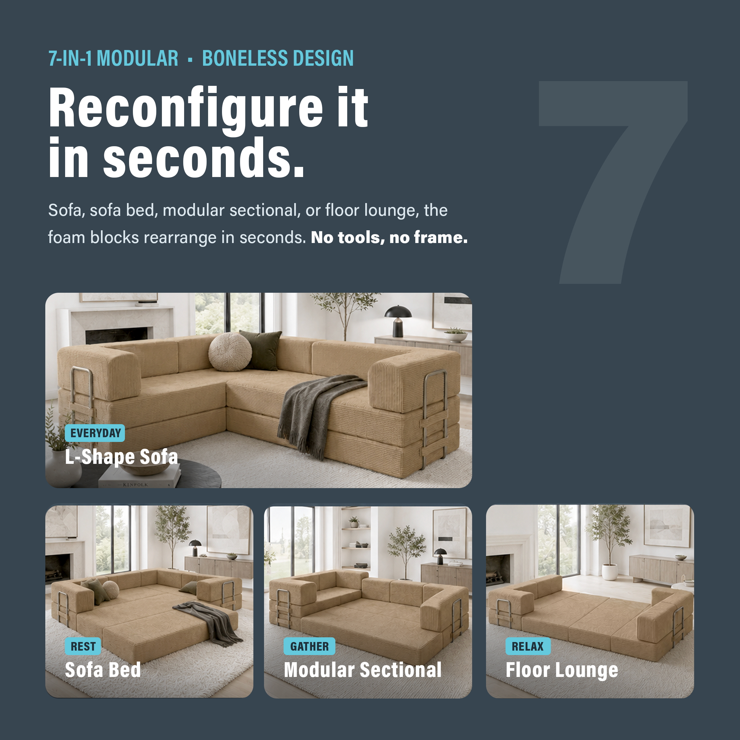 Photo showing that boneless latte brown couch can be reconfigured in seconds with seven different configurations.
