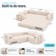 Image showing dimensions of cream boneless convertible couch weighing 176lbs.