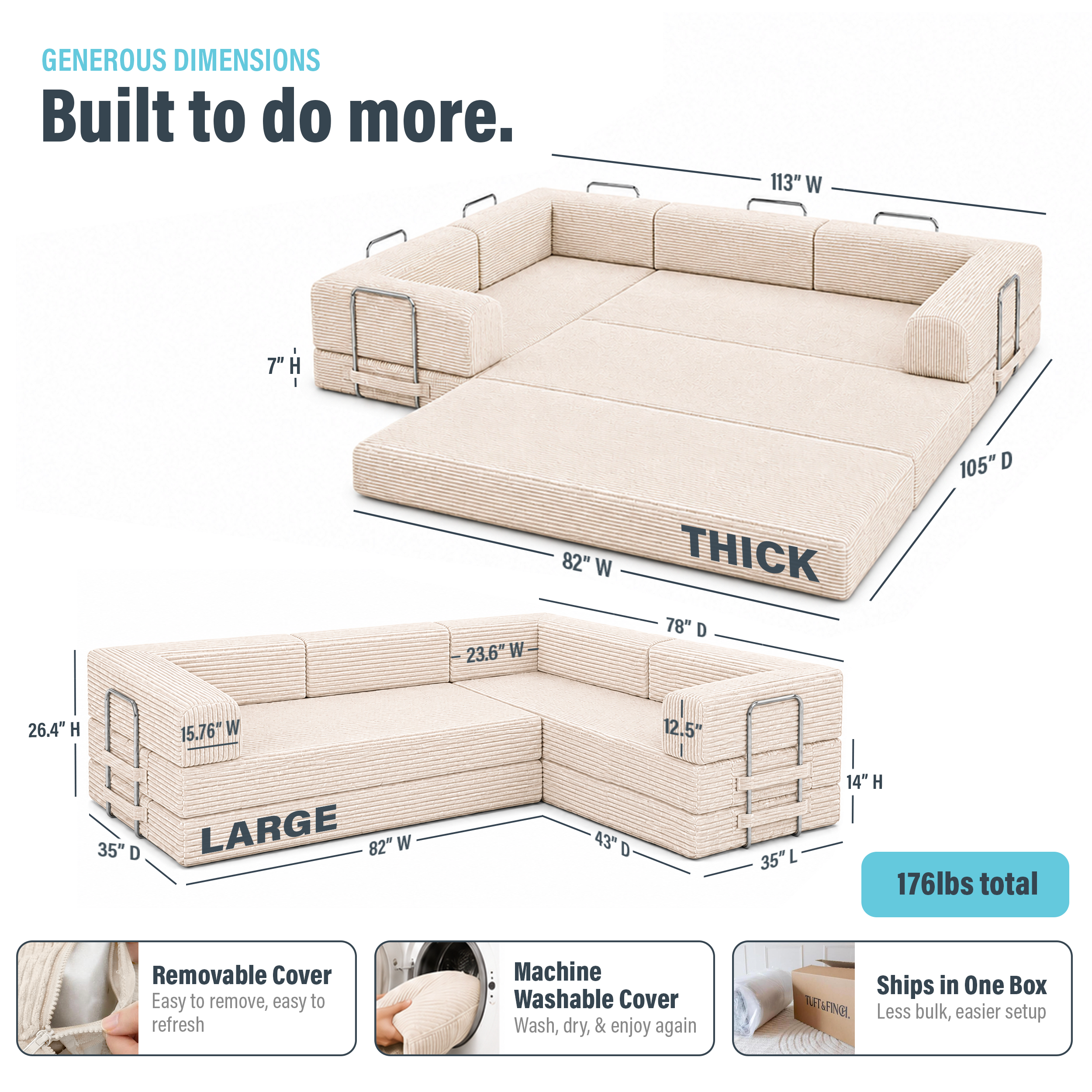 Image showing dimensions of cream boneless convertible couch weighing 176lbs.
