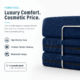 Image of navy blue boneless couch that says "Luxury Comfort. Cosmetic Price."