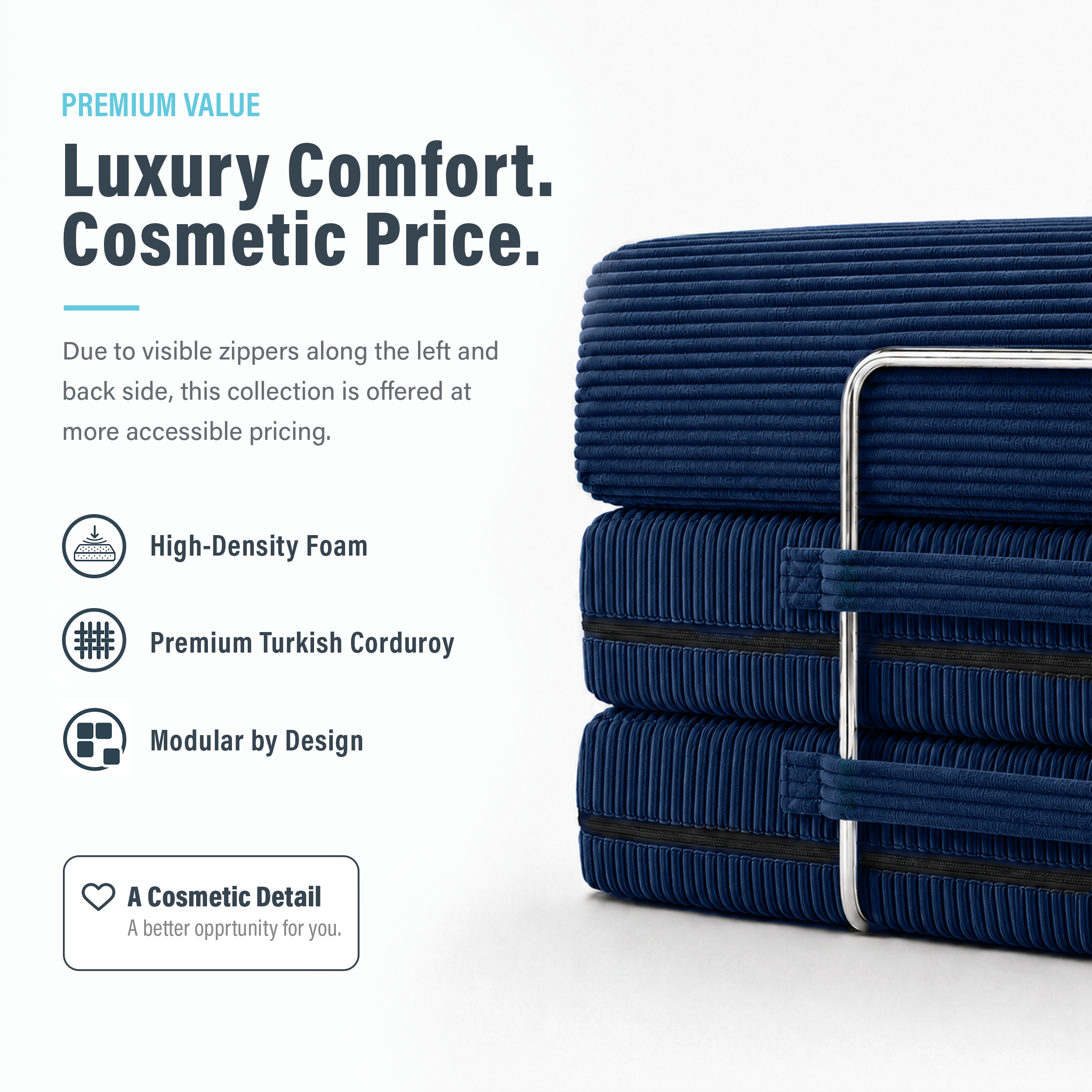 Image of navy blue boneless couch that says "Luxury Comfort. Cosmetic Price."