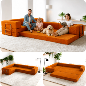 Split image of orange boneless couch in 3 different forms.