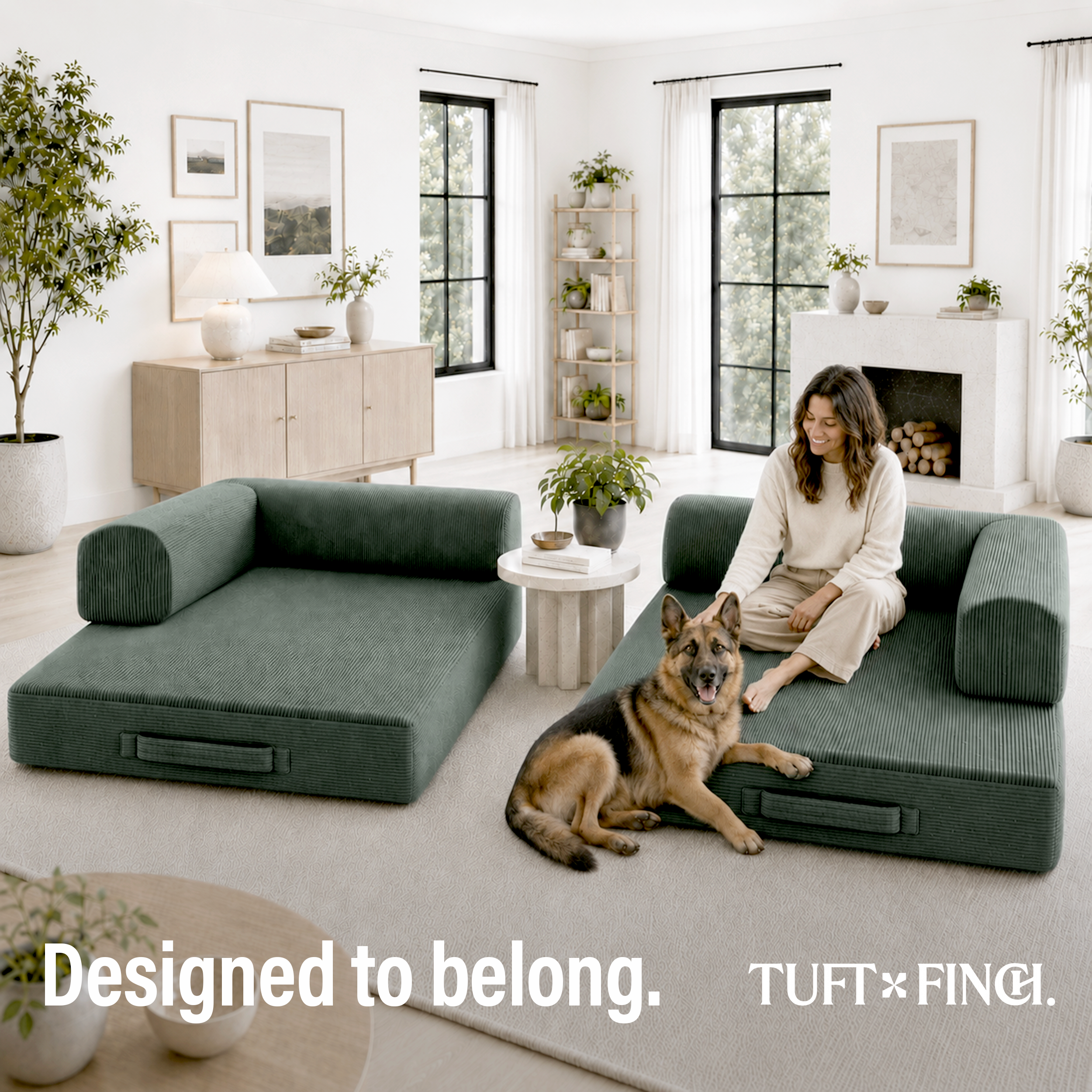 Green boneless couch with woman and dog sitting on it.