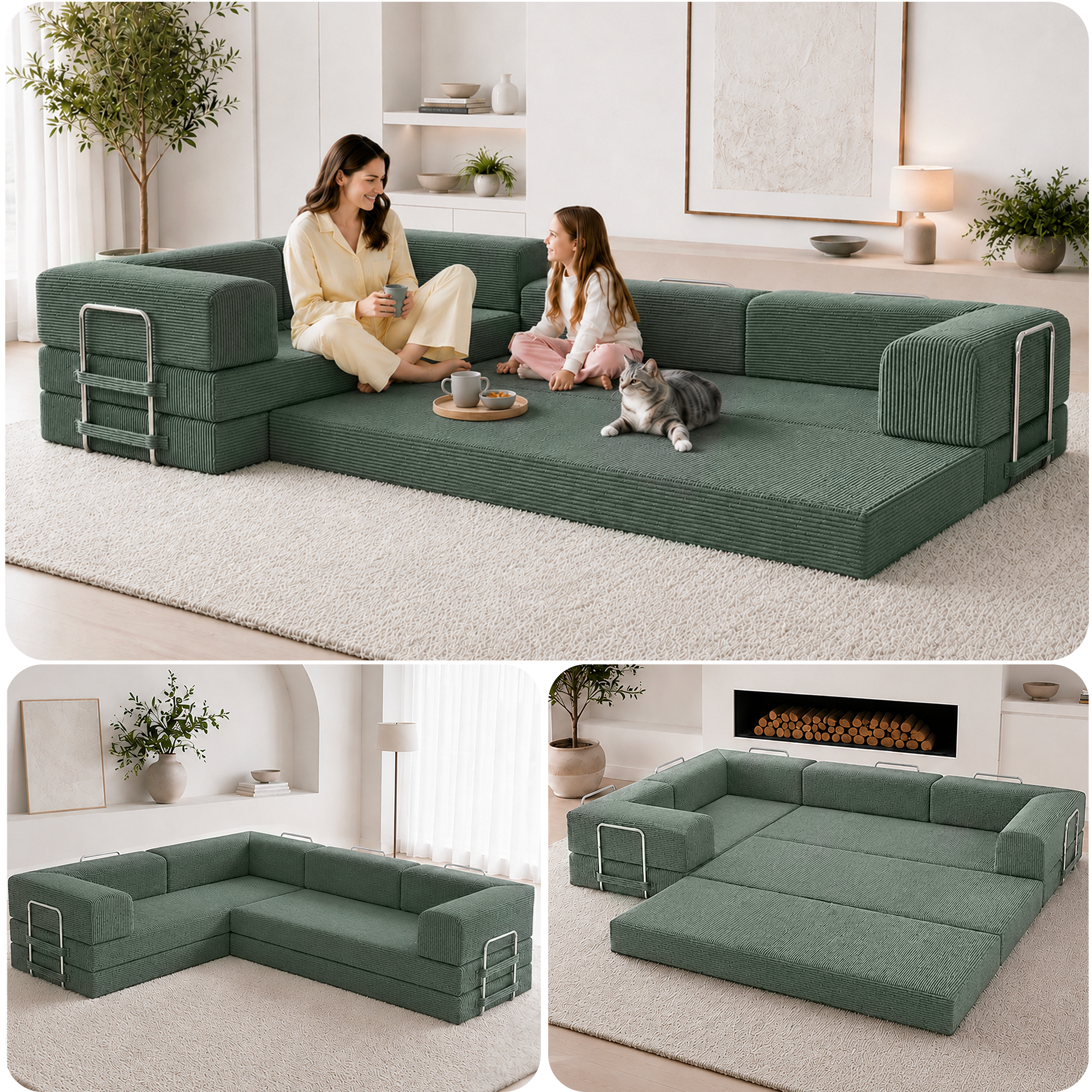 Split image of green boneless couch in 3 different forms.
