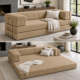 Split photo of latte brown boneless couch in couch form and in expanded form.