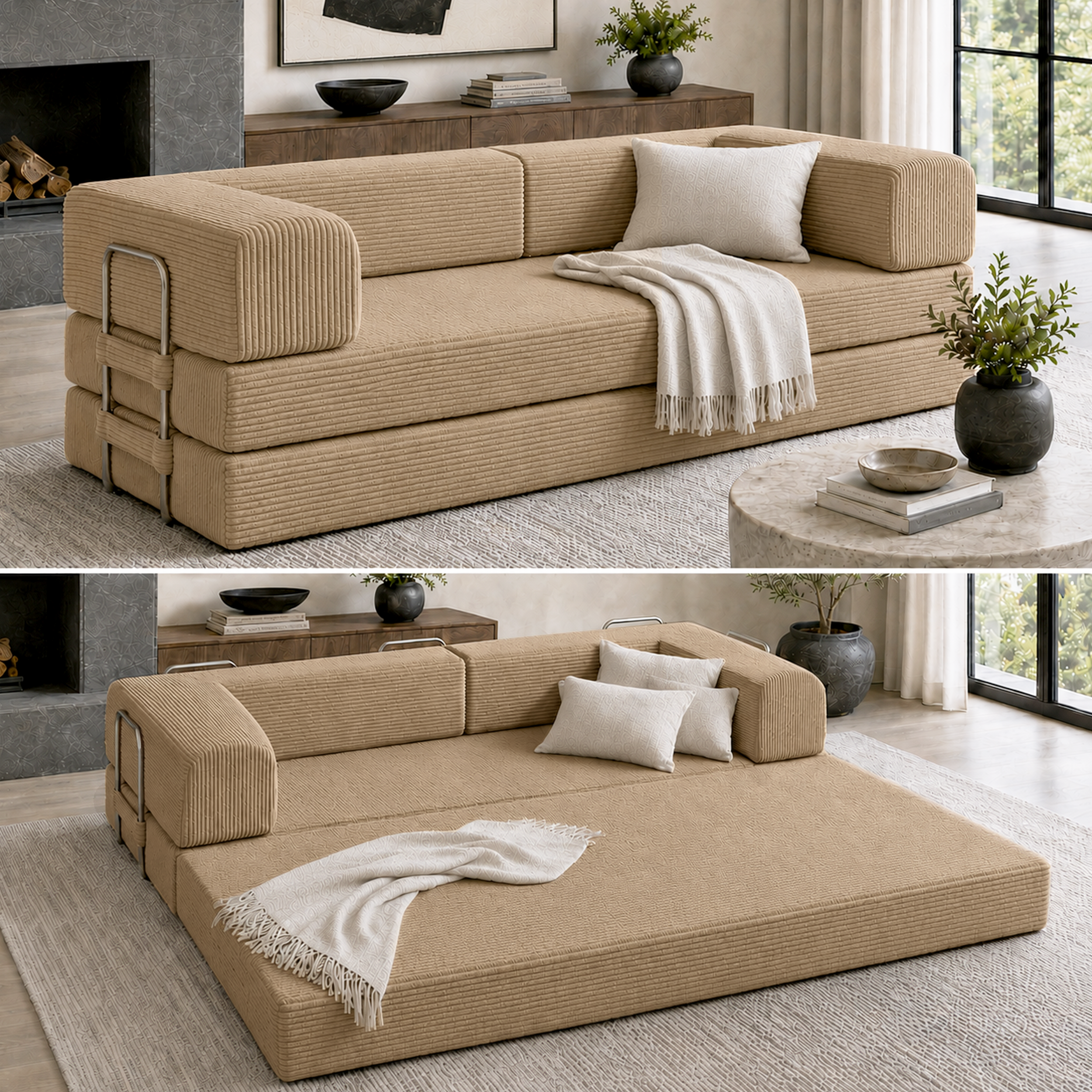 Split photo of latte brown boneless couch in couch form and in expanded form.