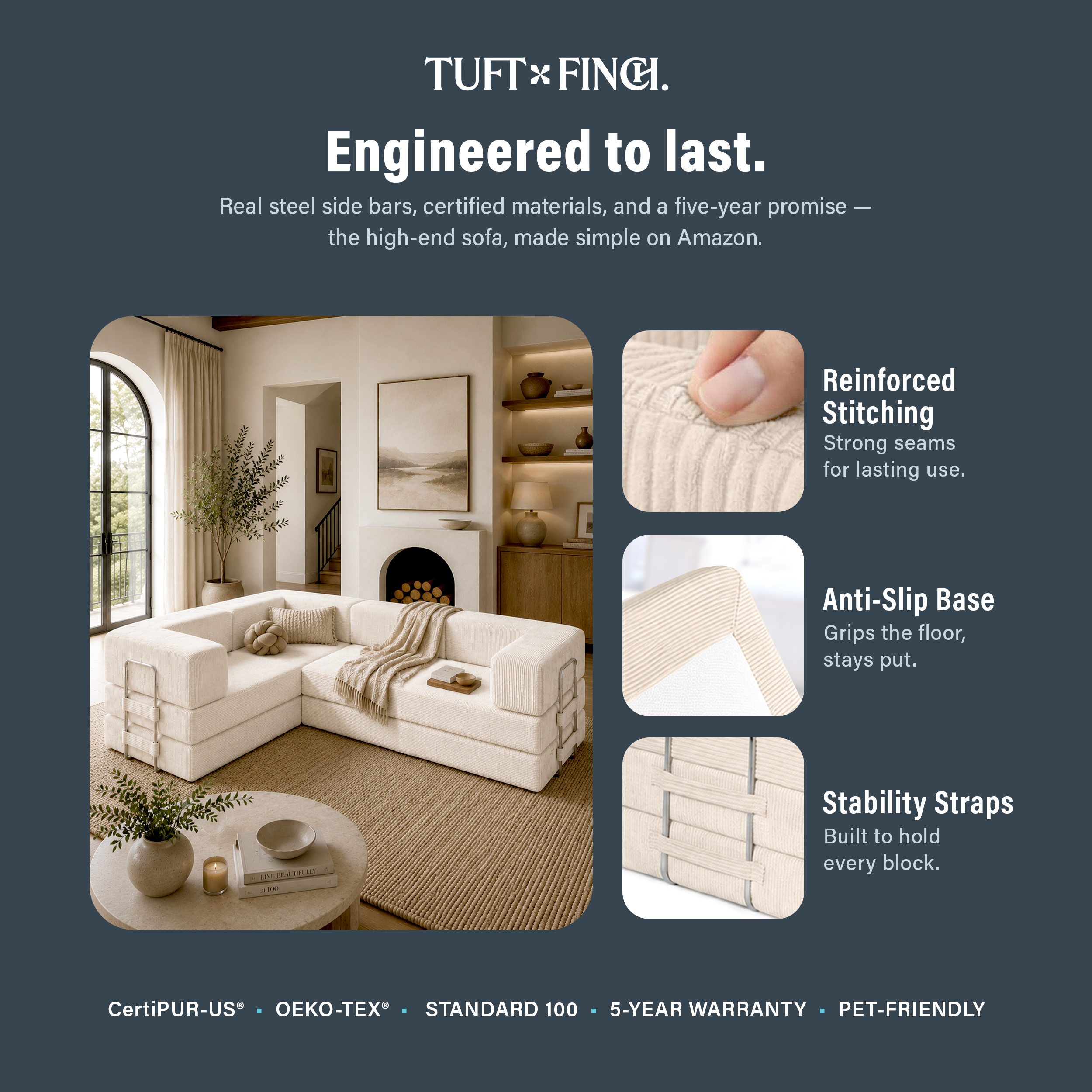 Image shows that boneless modular sofa is engineered to last.