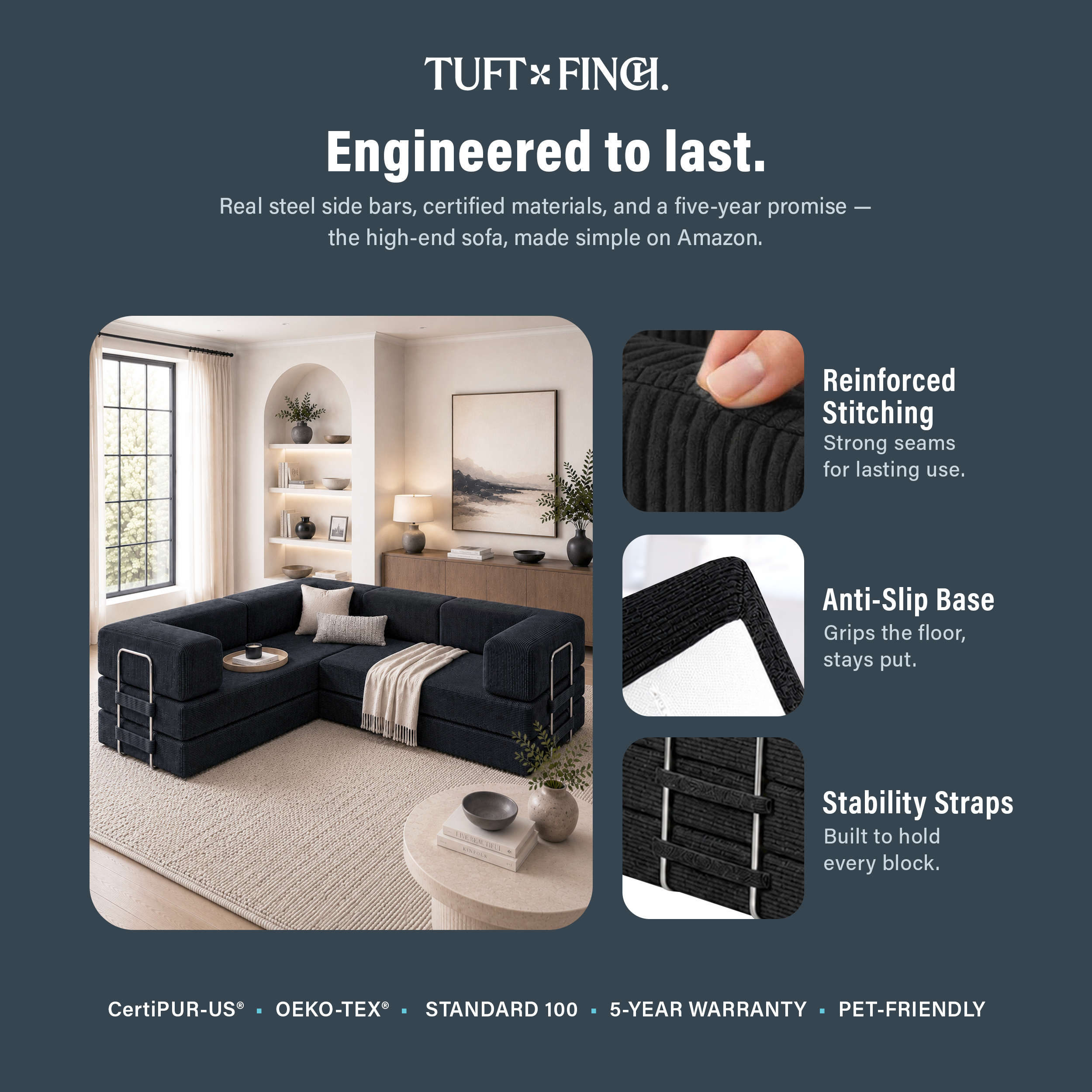 Image shows that boneless modular sofa is engineered to last.