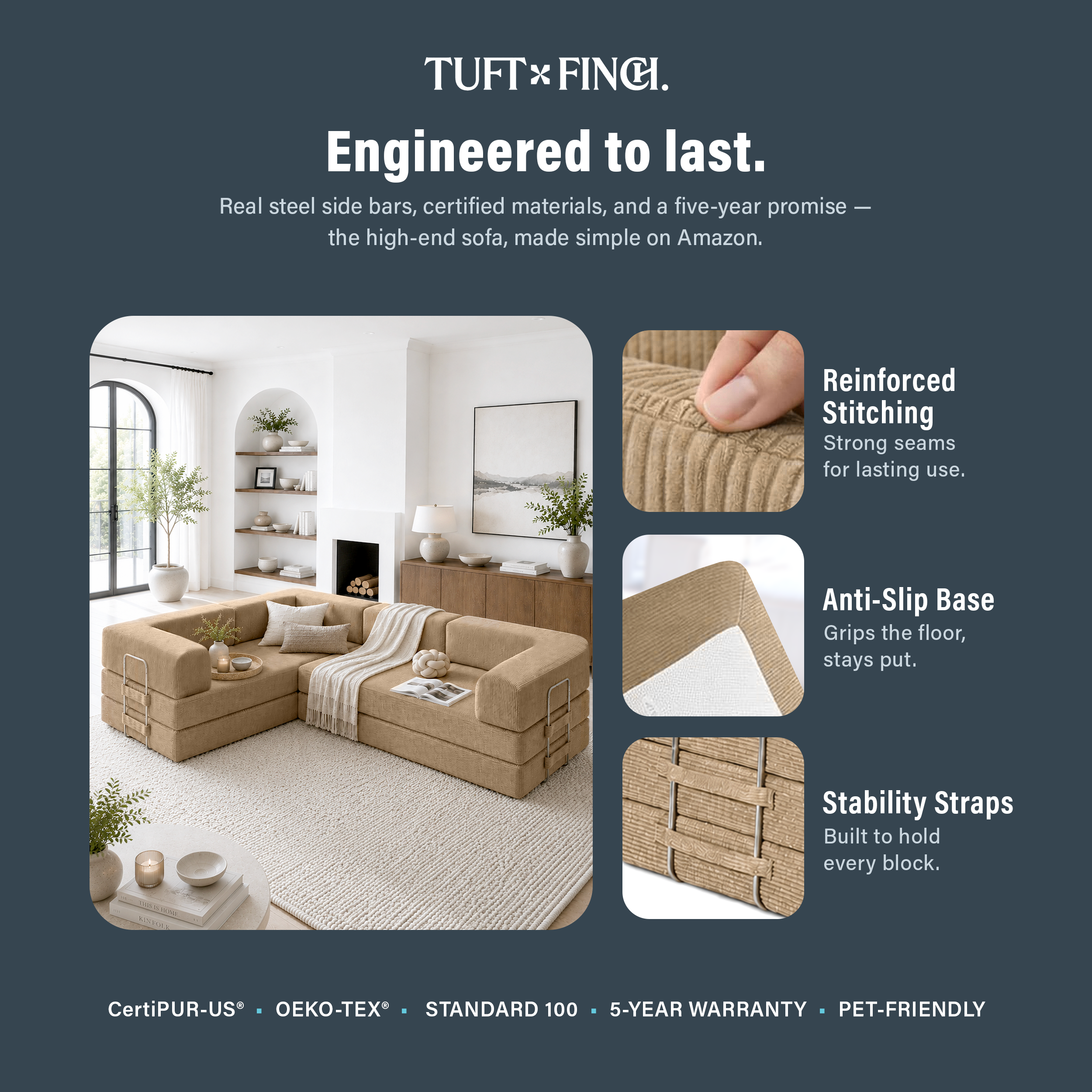 Image shows that boneless modular sofa is engineered to last.