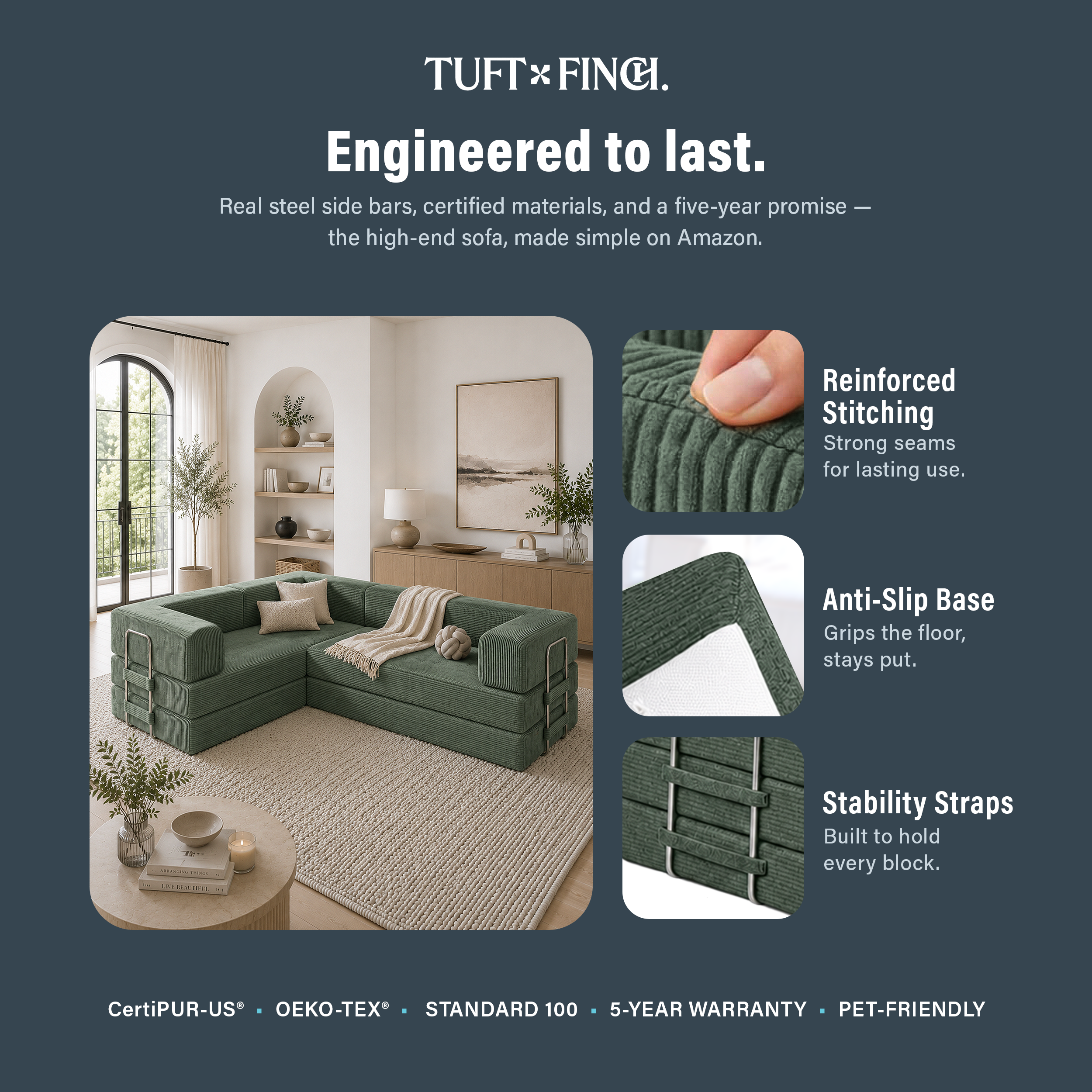 Image shows that boneless modular sofa is engineered to last.