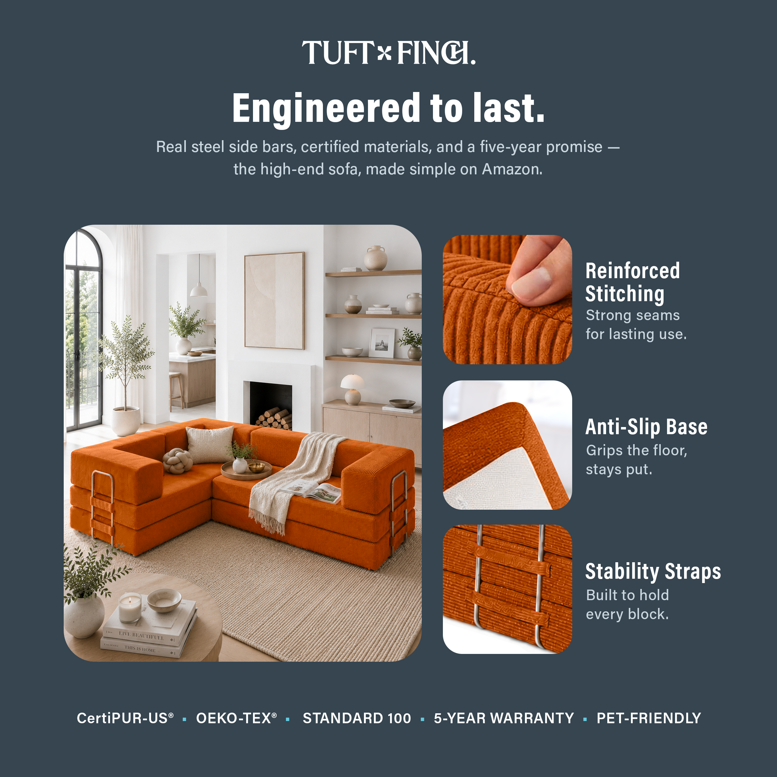 Image shows that boneless modular sofa is engineered to last.