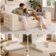 Split image of cream boneless couch in 3 different forms.